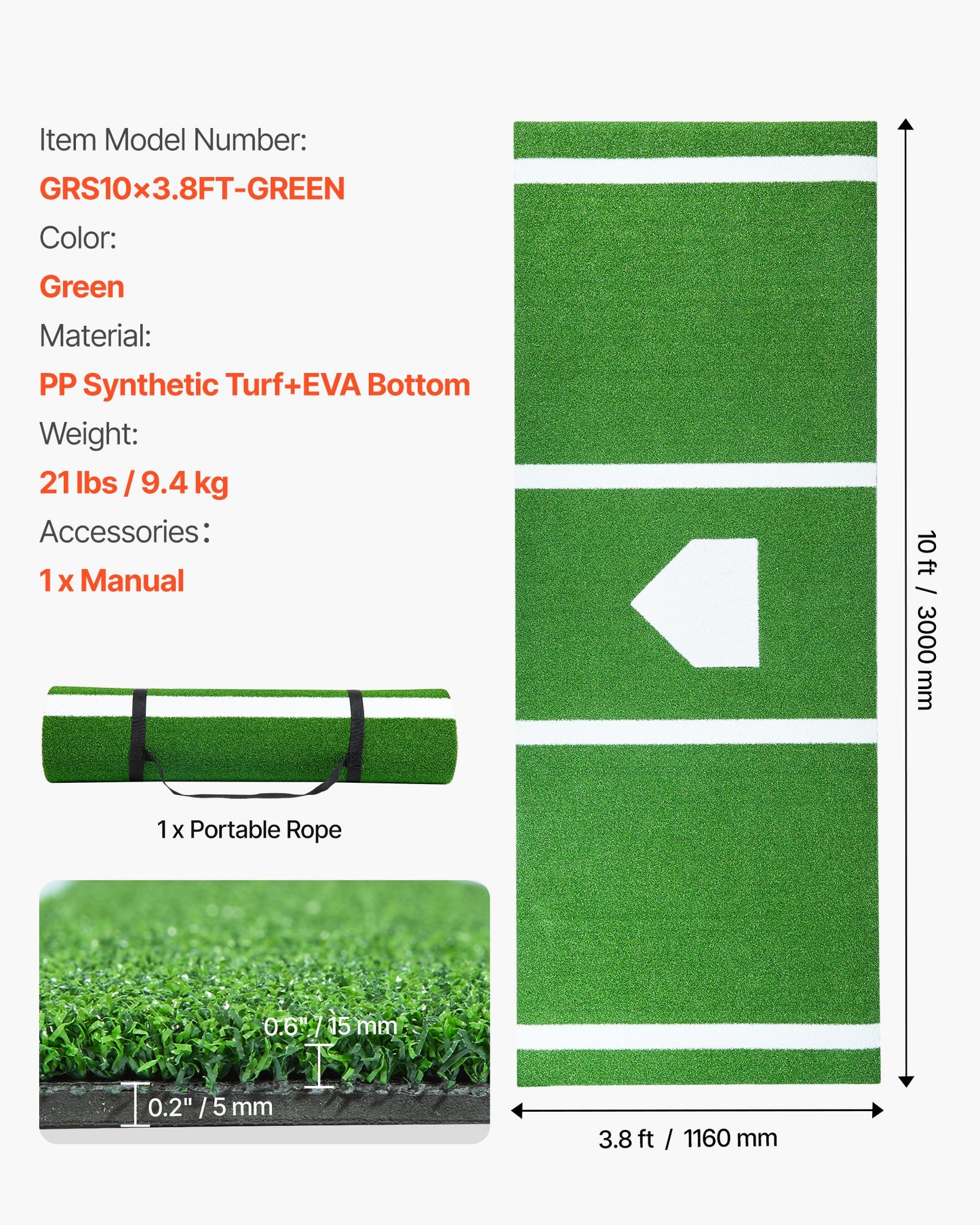 10x3.8 ft Baseball Softball Hitting Batting Mat, Indoor/Outdoor Anti-Slip Anti-Fade Softball Mat, Lined & Foam Backing Training Aid with Tightening Rope, Portable Practice Mats, Green