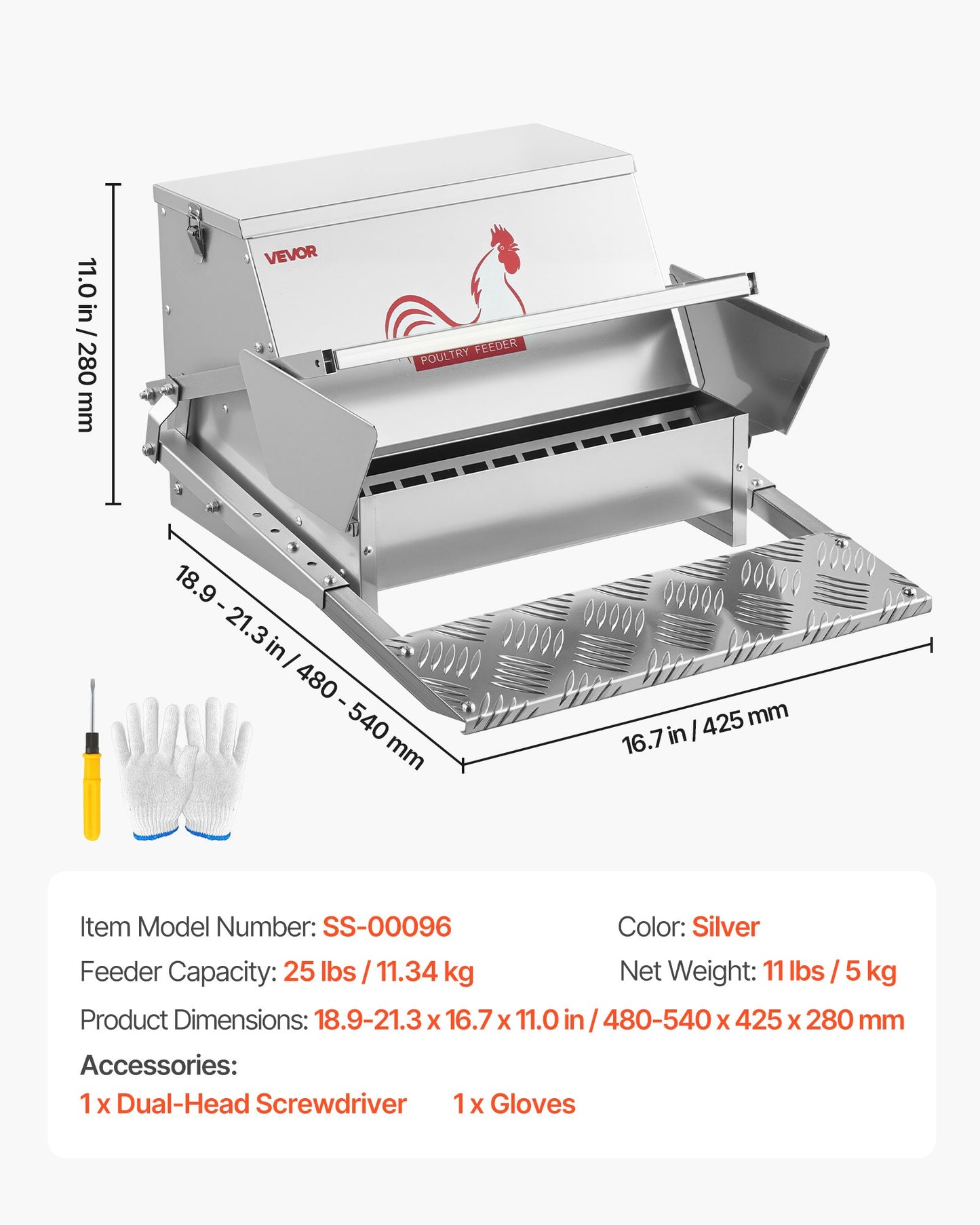 Automatic Chicken Feeder, 25 lbs Capacity, Rainproof Treadle Poultry Feeder with Lockable Lid, No Waste, Galvanized Steel Construction, Outdoor Use, for Chicken, Bantams, Poultry, Pheasants