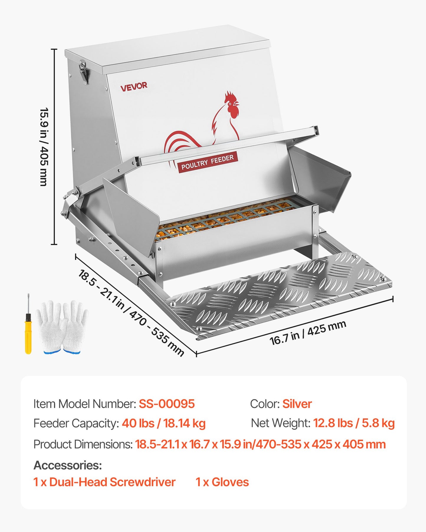Automatic Chicken Feeder, 40 lbs Capacity, Rainproof Treadle Poultry Feeder with Lockable Lid, No Waste, Galvanized Steel Construction, Outdoor Use, for Chicken, Bantams, Poultry, Pheasants