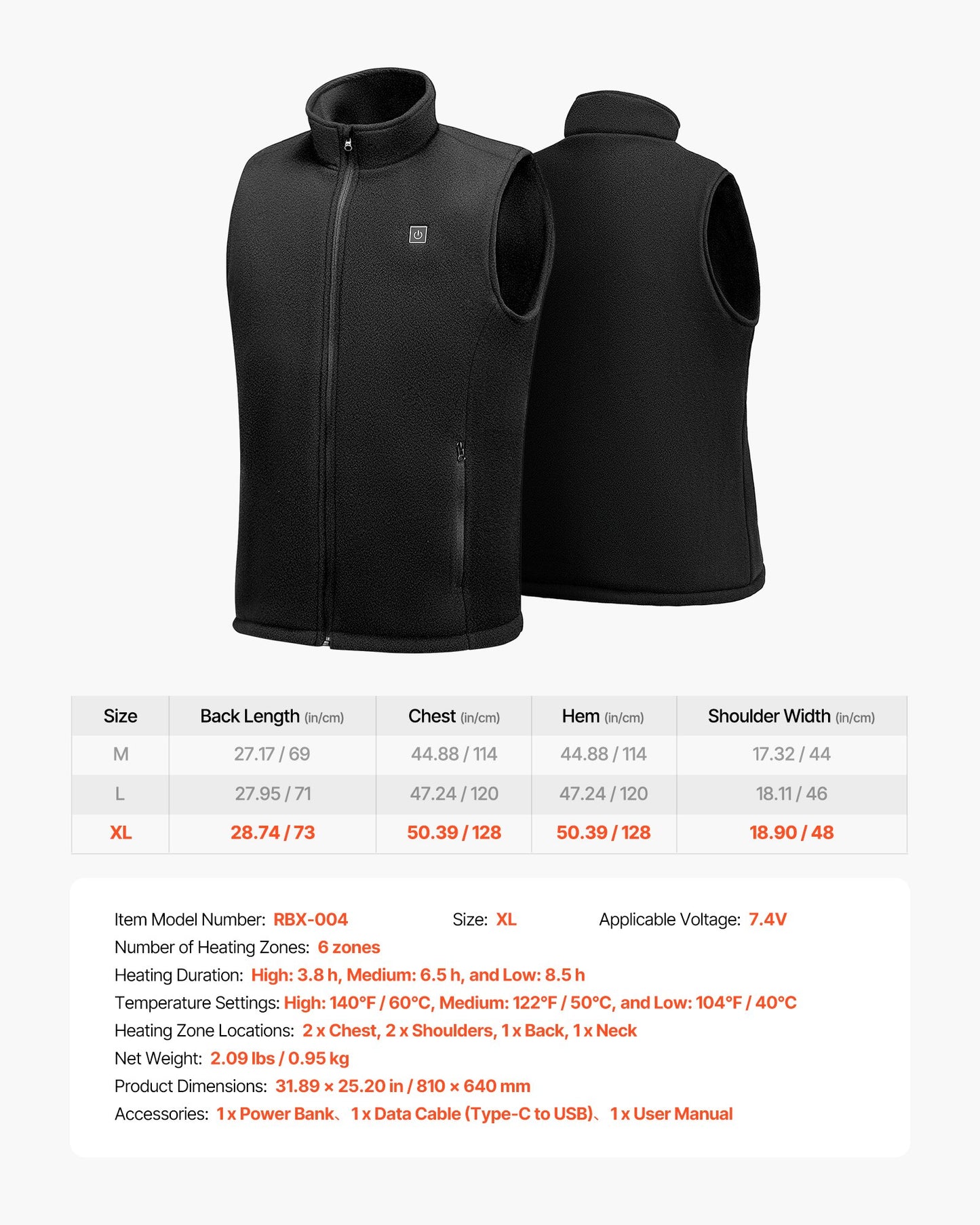 Heated Vest, Men Electric Heating Vest with 16000 mAh Battery Pack, 6 Heating Zones Lightweight Rechargeable Winter-Vest with 3 Levels, for Outdoor Hiking Camping Fishing Skiing, Size XL