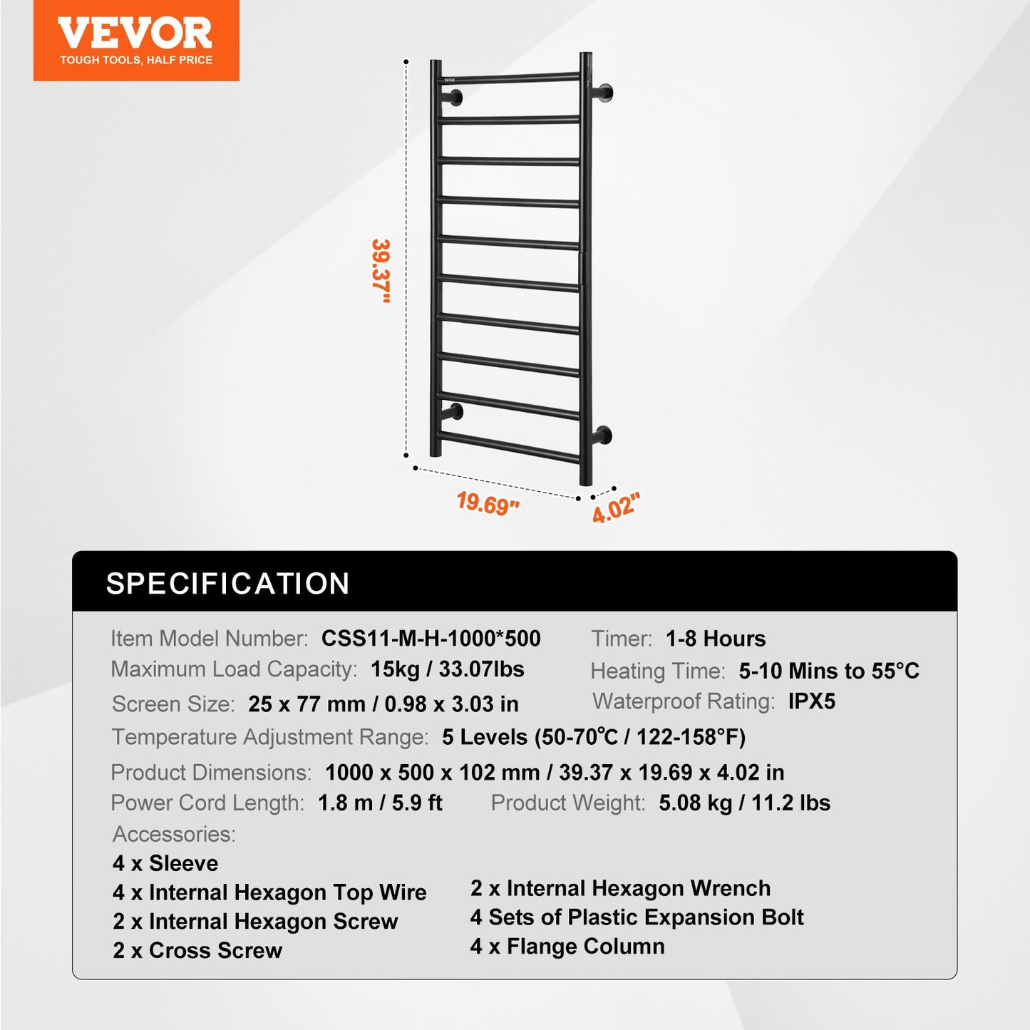 10-Bar Towel Warmer Rack Wall Mounted Heated Towel Rack for Bathroom Black