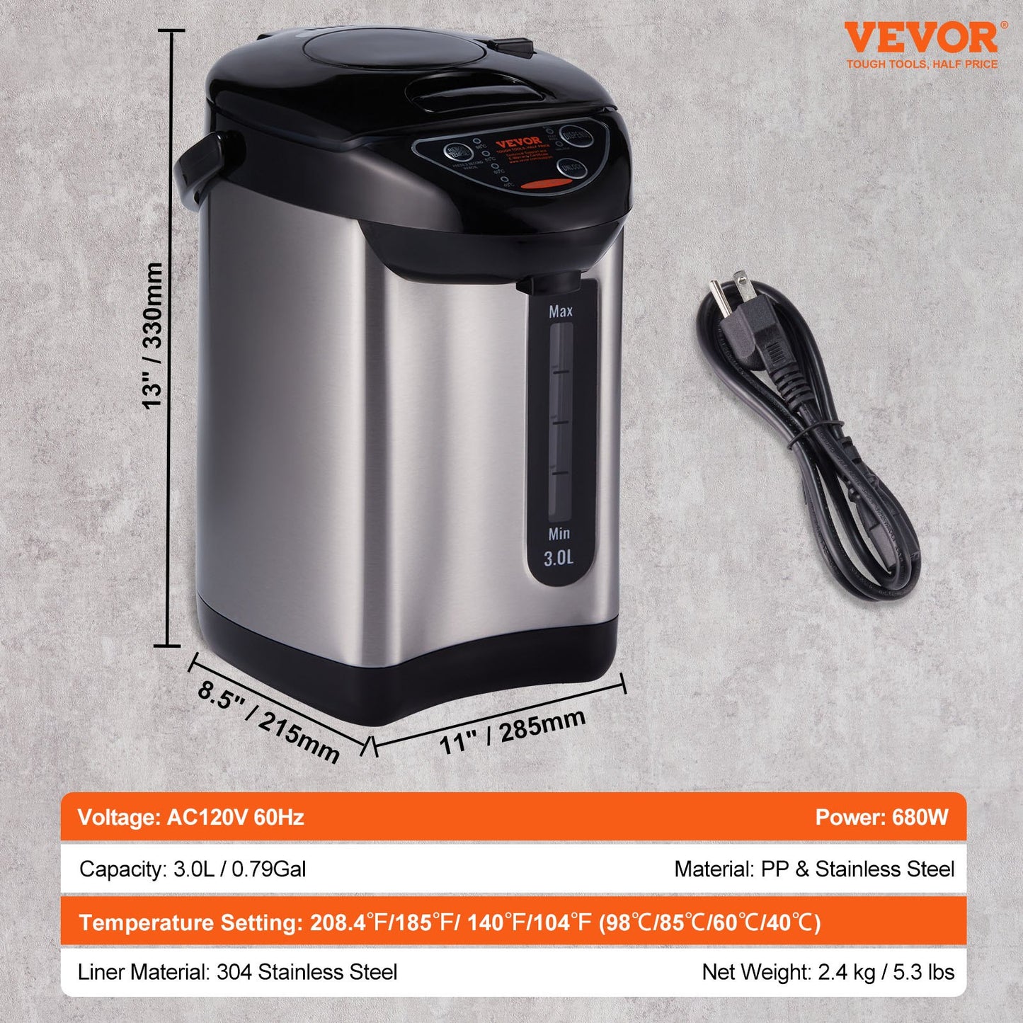 Hot Water Dispenser, Adjustable 4 Temperatures Water Boiler and Warmer, 304 Stainless Steel Countertop Water Heater, 3-Way Dispense for Tea, Coffee and Baby Formula, 3L/102 oz