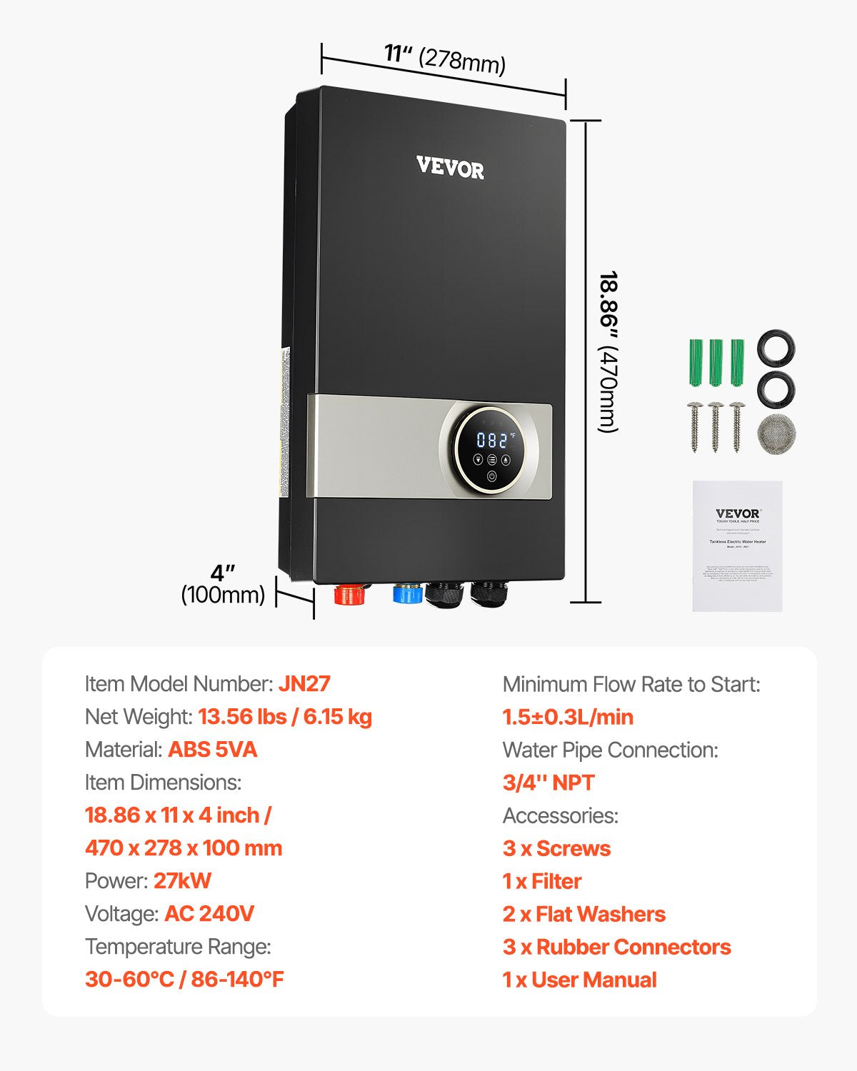 Tankless Electric Water Heater, 27kW Instant Hot Water Heater Under Sink, On Demand for Bathroom, Kitchen, Office with LCD Touch Screen, Child Security Lock ,Space-Saving, 240V Black