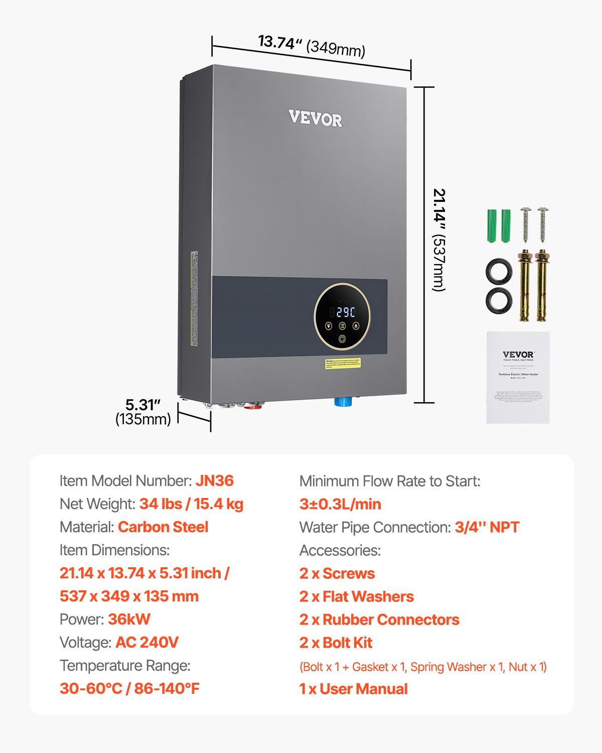 Tankless Electric Water Heater, 36kW Instant Hot Water Heater Under Sink, On Demand for Bathroom, Kitchen, Office with LCD Touch Screen, Child Security Lock ,Space-Saving, 240V