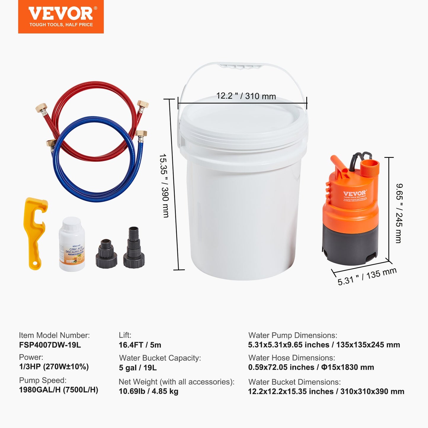Tankless Water Heater Flushing Kit, Includes Efficient Pump & 5 Gallon Pail & 2 Hoses & Descaling Powder, Wrench and Adapter for Quick Install Easy to Start, Water Heater Flush Kit
