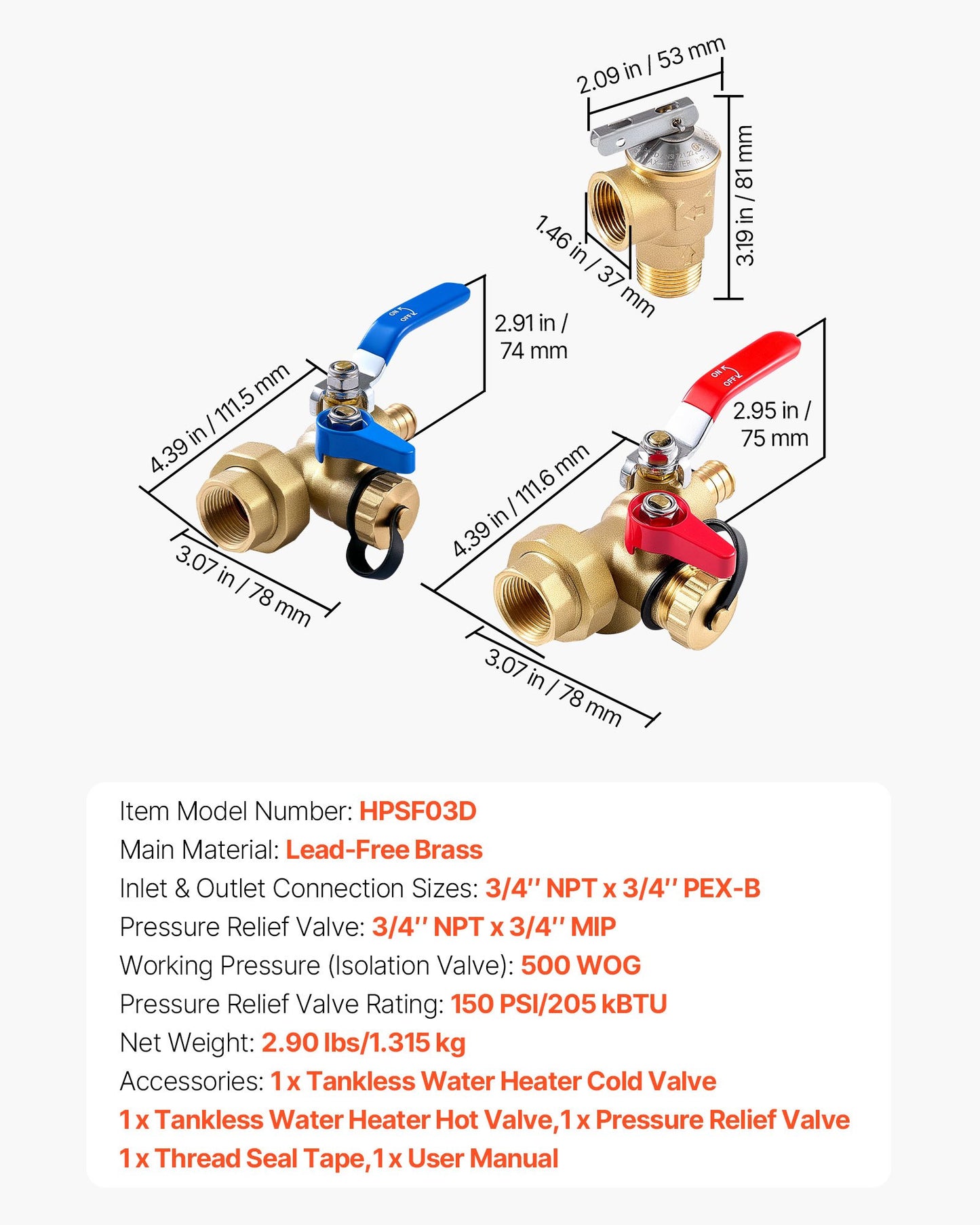 Water Heater Kit, 3/4 Inch Tankless Water Heater Service Valve Kit with 2PCS 3/4″ NPT to 3/4″ PEX-B Isolation Valves, Pressure Relief Valve, Lead-Free Brass, Fits Most Tankless Waters Heaters