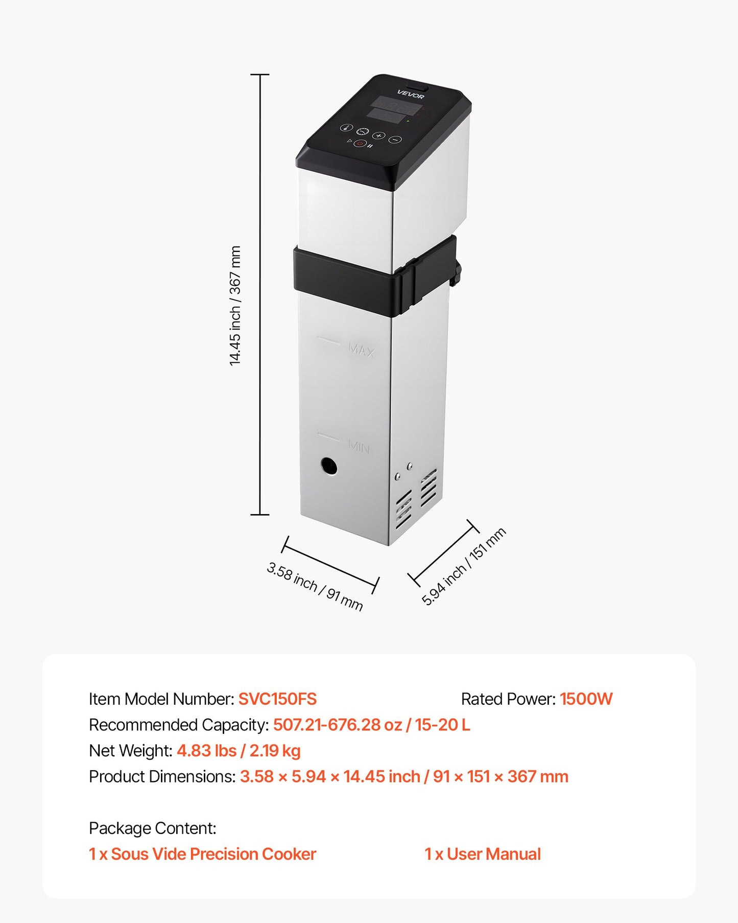 Sous Vide Precision Cooker, 1500W Sous-Vide Cooking Machine, Immersion Circulator with LED Digital Display, Adjustable Screw Clamp, Fast-Heating, Accurate Temperature & Timer Control, Sous-Vide