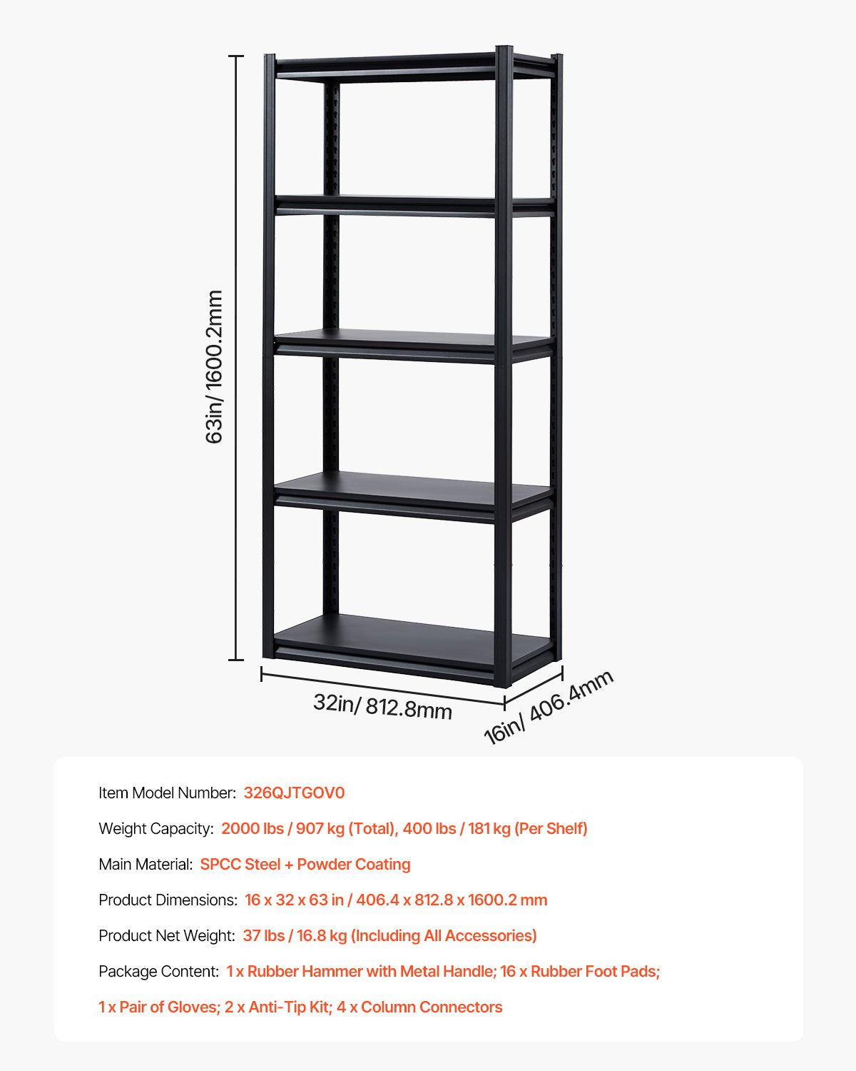 Storage Shelves, 2000 lbs, 5 Tier Garage Storage Shelving, 16" D x 32" W x 63" H Adjustable Metal Shelves for Garage Shelves Utility Rack Shelf, Ideal for Kitchen, Warehouse, Basement, Black