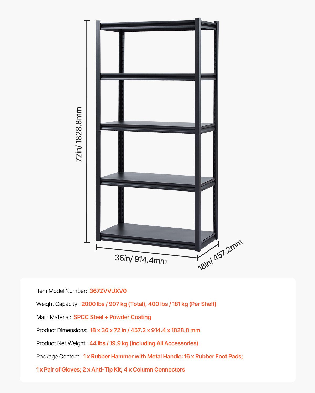 Storage Shelves, 2000 lbs, 5 Tier Garage Storage Shelving, 18" D x 36" W x 72" H Adjustable Metal Shelves for Garage Shelves Utility Rack Shelf, Ideal for Kitchen, Warehouse, Basement, Black