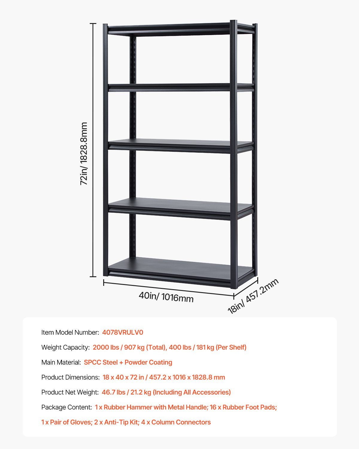 Storage Shelves, 2000 lbs, 5 Tier Garage Storage Shelving, 18" D x 40" W x 72" H Adjustable Metal Shelves for Garage Shelves Utility Rack Shelf, Ideal for Kitchen, Warehouse, Basement, Black
