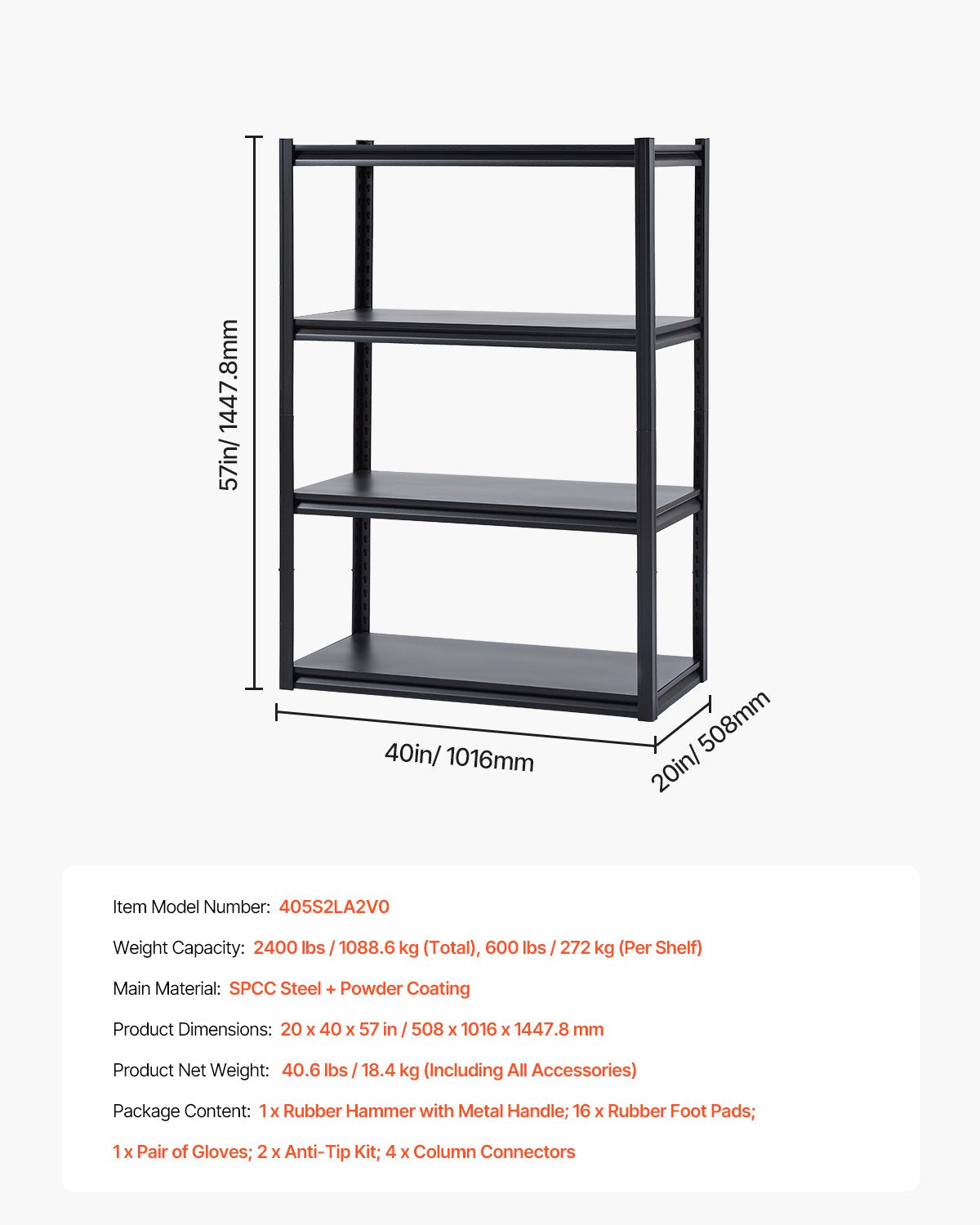 Storage Shelves, 2400 lbs, 4 Tier Garage Storage Shelving, 20" D x 40" W x 57" H Adjustable Metal Shelves for Garage Shelves Utility Rack Shelf, Ideal for Kitchen, Warehouse, Basement, Black
