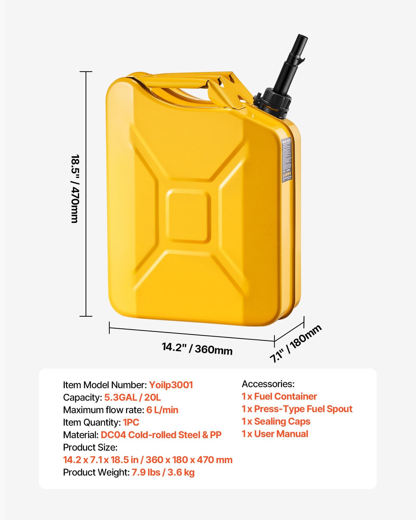 Newly Upgraded Oil-Tight Metal Fuel Container, 5.3 Gallon, Fuel Jerry Can with Spout and Comfort Handle, 6 L/min Max Flow Rate, Leakproof & Corrosion-resistant Metal Gas Tank Most Cars Motorcycle ATV UTV, Yellow