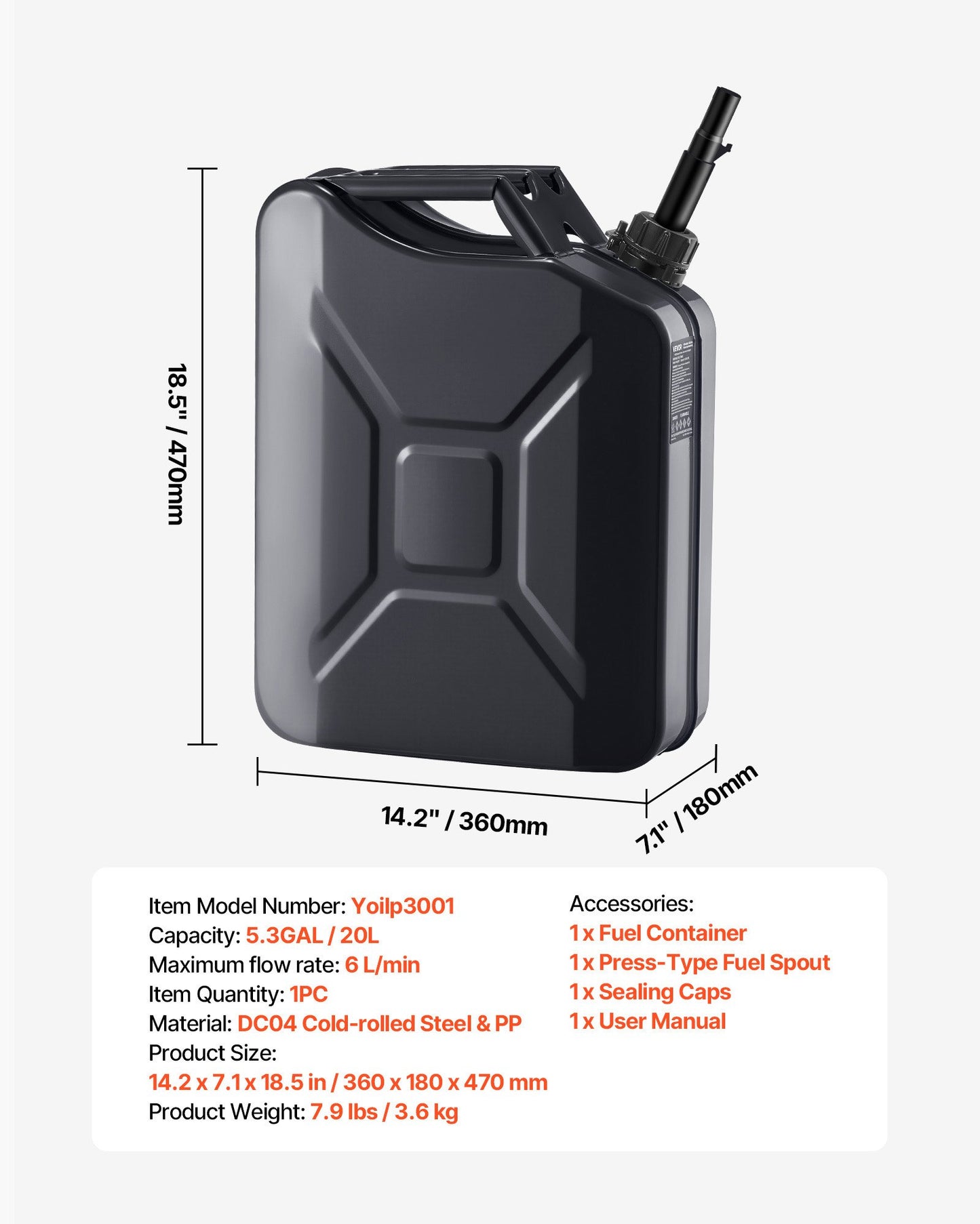 Metal Fuel Container, 5.3 Gallon, Fuel Jerry Can with Spout and Comfort Handle, 6 L/min Max Flow Rate, Leakproof & Corrosion-resistant Metal Gas Tank Most Cars Motorcycle ATV UTV, Black