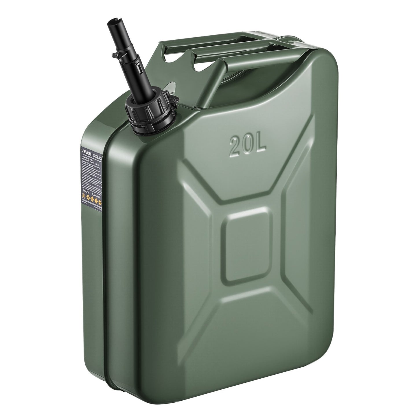 Metal Fuel Container, 5.3 Gallon, Fuel Jerry Can with Spout and Comfort Handle, 6 L/min Max Flow Rate, Leakproof & Corrosion-resistant Metal Gas Tank Most Cars Motorcycle ATV UTV, Green