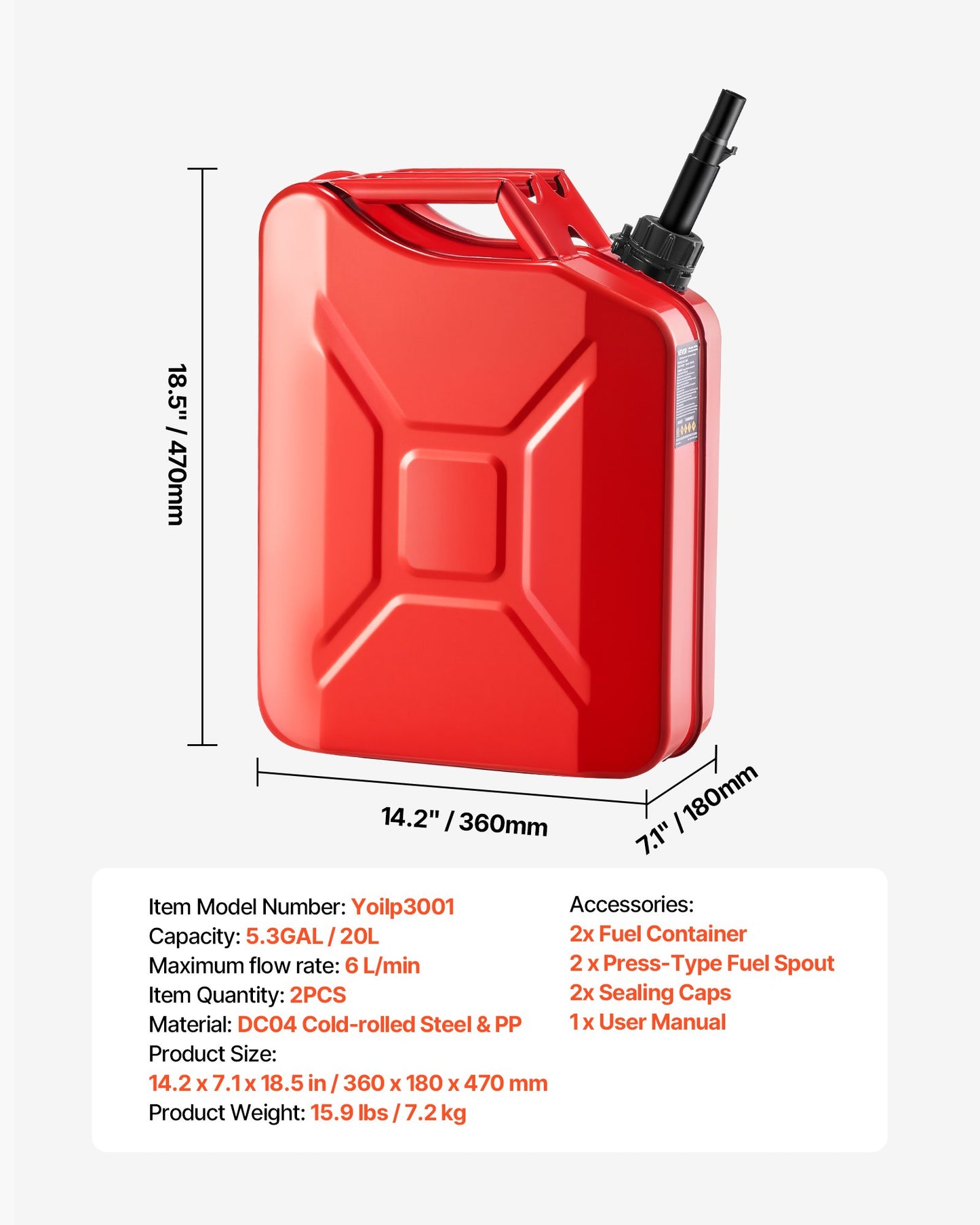 Metal Fuel Container, 5.3 Gallon, Fuel Jerry Can with Spout and Comfort Handle, 6 L/min Max Flow Rate, Leakproof & Corrosion-resistant Metal Gas Tank Most Cars Motorcycle ATV UTV, Red, 2 Packs