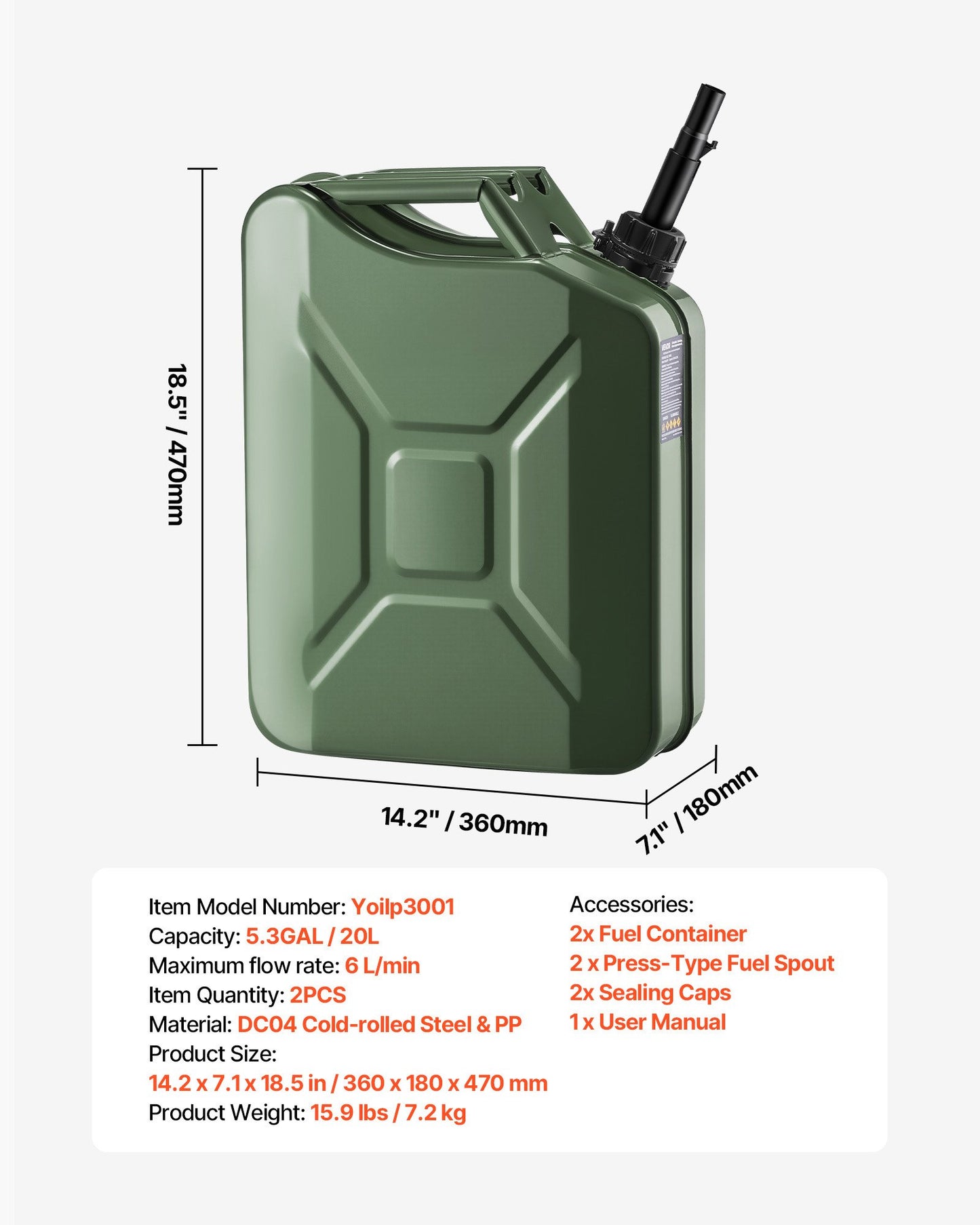Metal Fuel Container, 5.3 Gallon, Fuel Jerry Can with Spout and Comfort Handle, 6 L/min Max Flow Rate, Leakproof & Corrosion-resistant Metal Gas Tank Most Cars Motorcycle ATV UTV, Green, 2 Packs