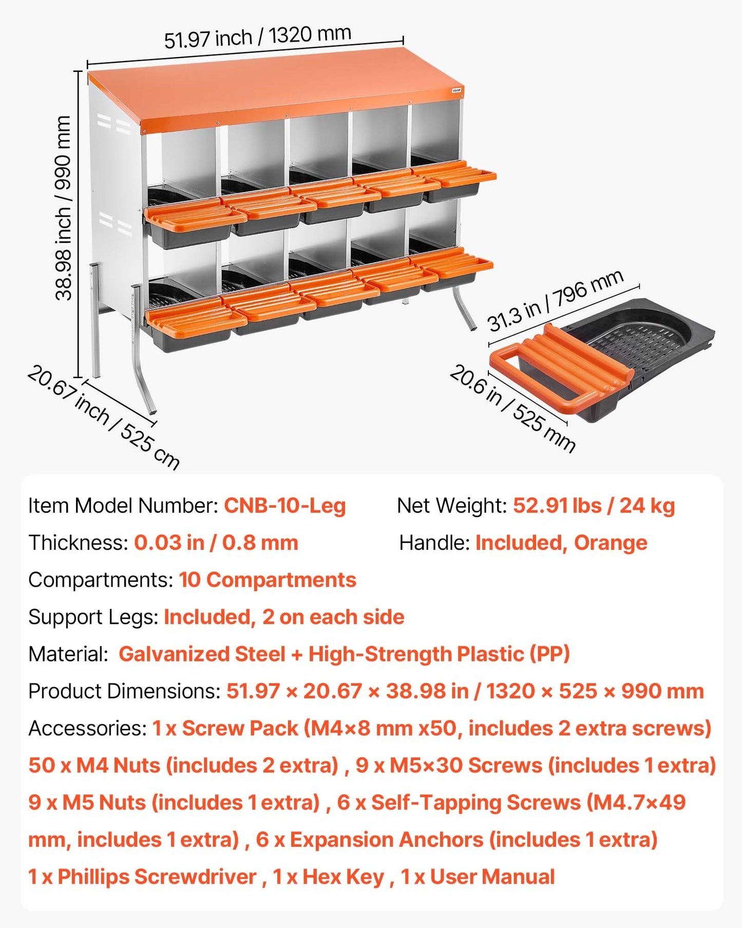 Chicken Nesting Boxes, 10 Compartments, with Support Legs, Easy Egg Collection, Galvanized Steel and High-Strength Plastic, Roll Away Nesting Boxes for Chickens and Hens Laying Eggs, Orange