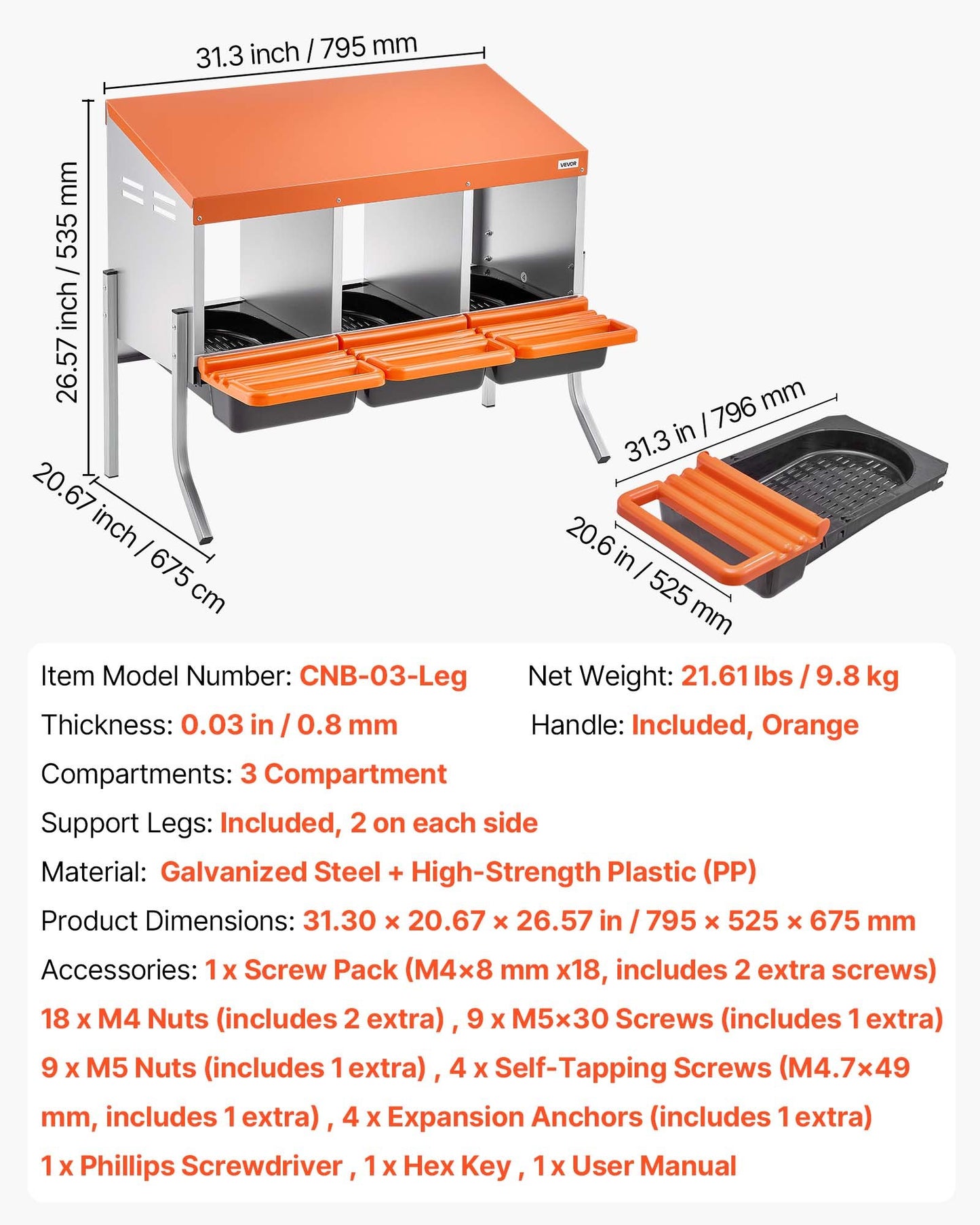 Chicken Nesting Boxes, 3 Compartments, with Support Legs, Easy Egg Collection, Galvanized Steel and High-Strength Plastic, Roll Away Nesting Boxes for Chickens and Hens Laying Eggs, Orange