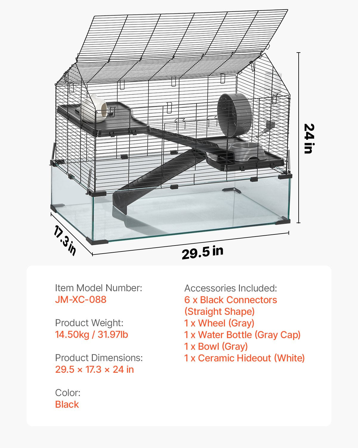 Hamster Cage, 360° Viewing Transparent Hamster Habitats, Small Animal Cage, 29.5 x 17.3 x 24 in, Ventilated Pet Mouse Cages with Water Bottle, Portable Hamster House for Rats, Guinea Pigs