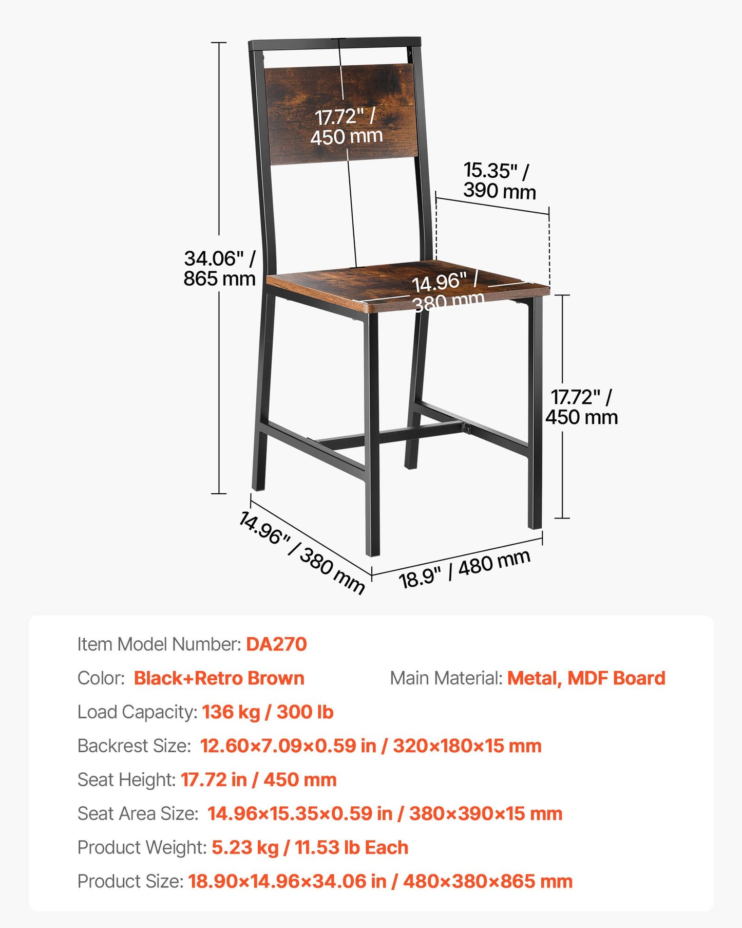 Dining Chairs Set of 2, Wooden Table Chairs with Metal Frame and Backrest, Easy to Assemble Leather Side Chair, Modern Farmhouse Walnut Chair for Kitchen Living Room, Rustic Brown and Black