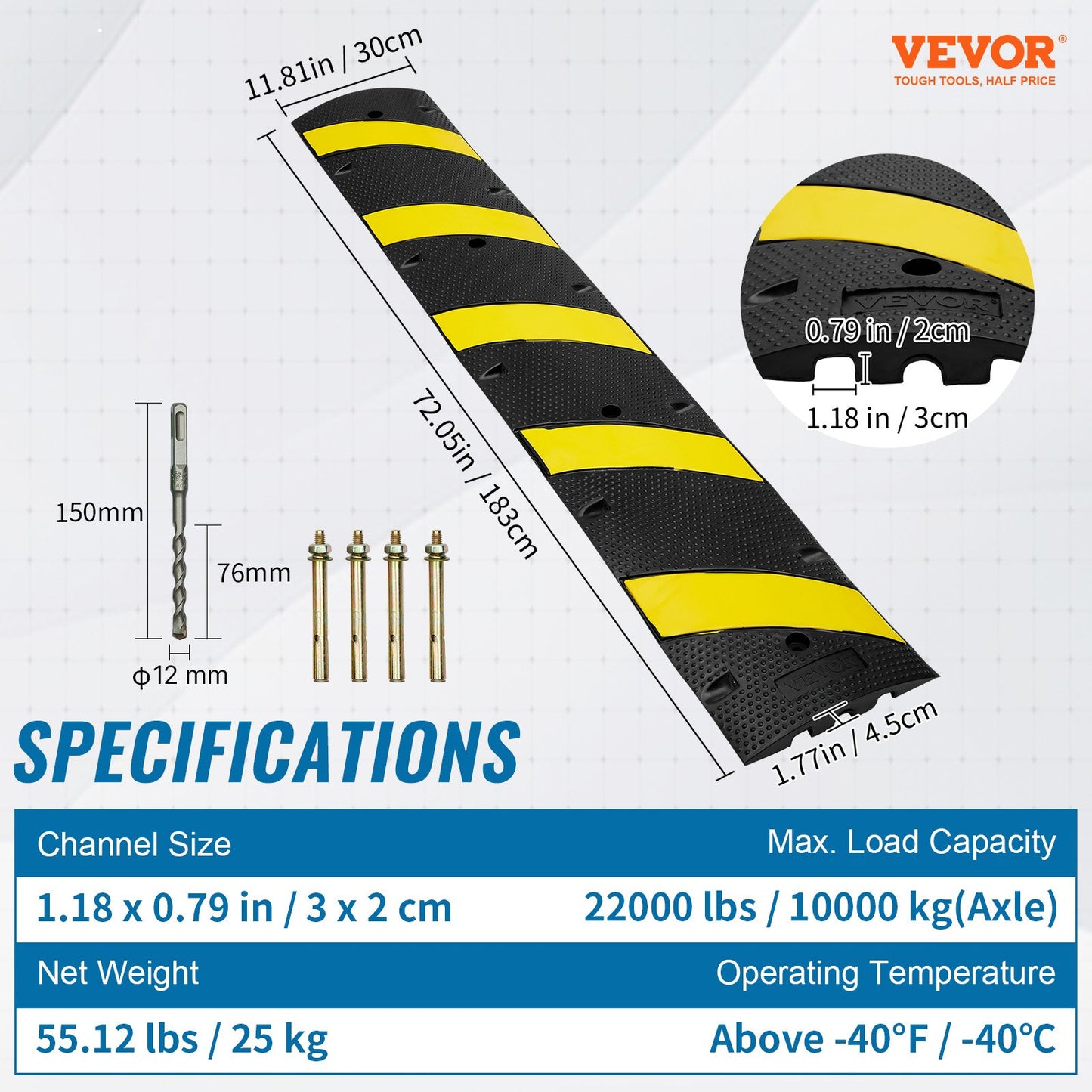 72'' Rubber Speed Bump, Dual Channel, Supports up to 22000 lbs, Durable Traffic Speed Hump with Bright Yellow Reflective Strip, Includes 4 Expansion Screws & Drill for Asphalt, Concrete, Grav