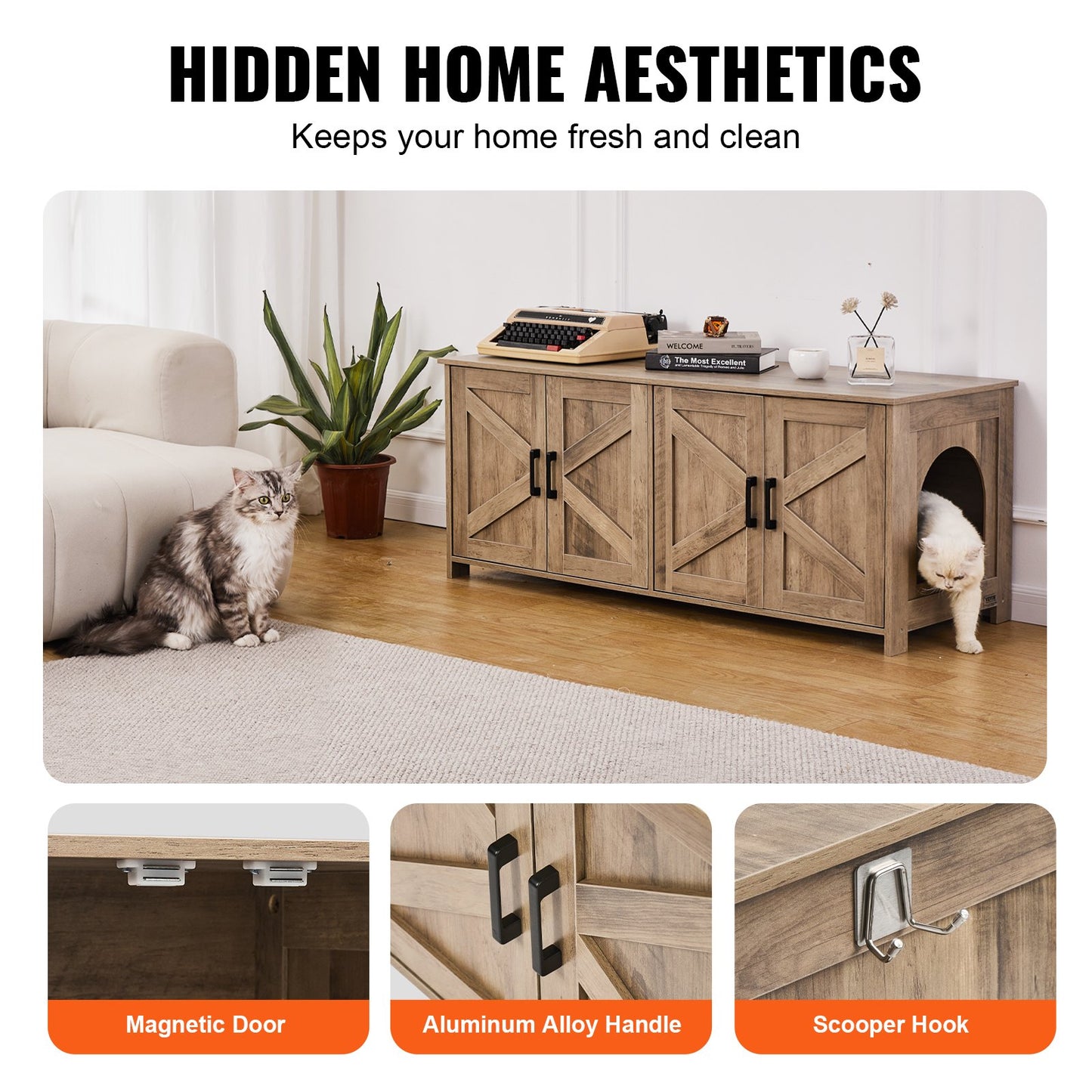 Cat Litter Box Enclosure for 2 Cats, Litter Box Furniture Hidden with Double Rooms, Wooden Cat Box Cabinet Fit Most of Litter Box, 47.2"L x 18.5"W x 19.7"H, Greige