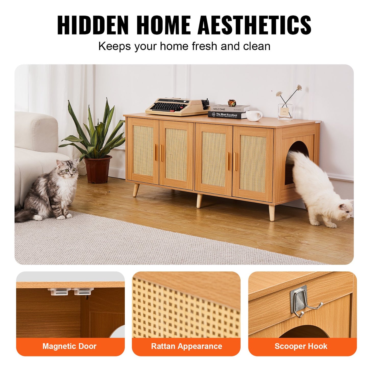 Cat Litter Box Enclosure for 2 Cats, Litter Box Furniture Hidden with Rattan Decorated Doors, Wooden Cat Box Cabinet Fit Most of Litter Box, 47.2"L x 19.7"W x 21.7"H, Natural