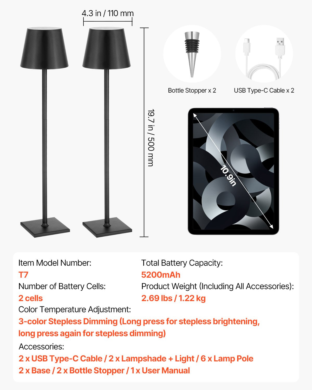 Cordless Table Lamp, 2-Pack, 5200mAh Built-in Rechargeable Battery Desk Lamp, Stepless Dimming Up, 3 Adjustable Heights, Detachable Lampshade for Bottle, Restaurant, Bedroom, Outdoor, Black