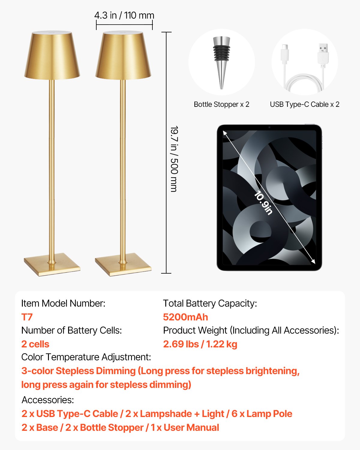 Cordless Table Lamp, 2-Pack, 5200mAh Built-in Rechargeable Battery Desk Lamp, Stepless Dimming Up, 3 Adjustable Heights, Detachable Lampshade for Bottle, Restaurant, Bedroom, Outdoor, Gold