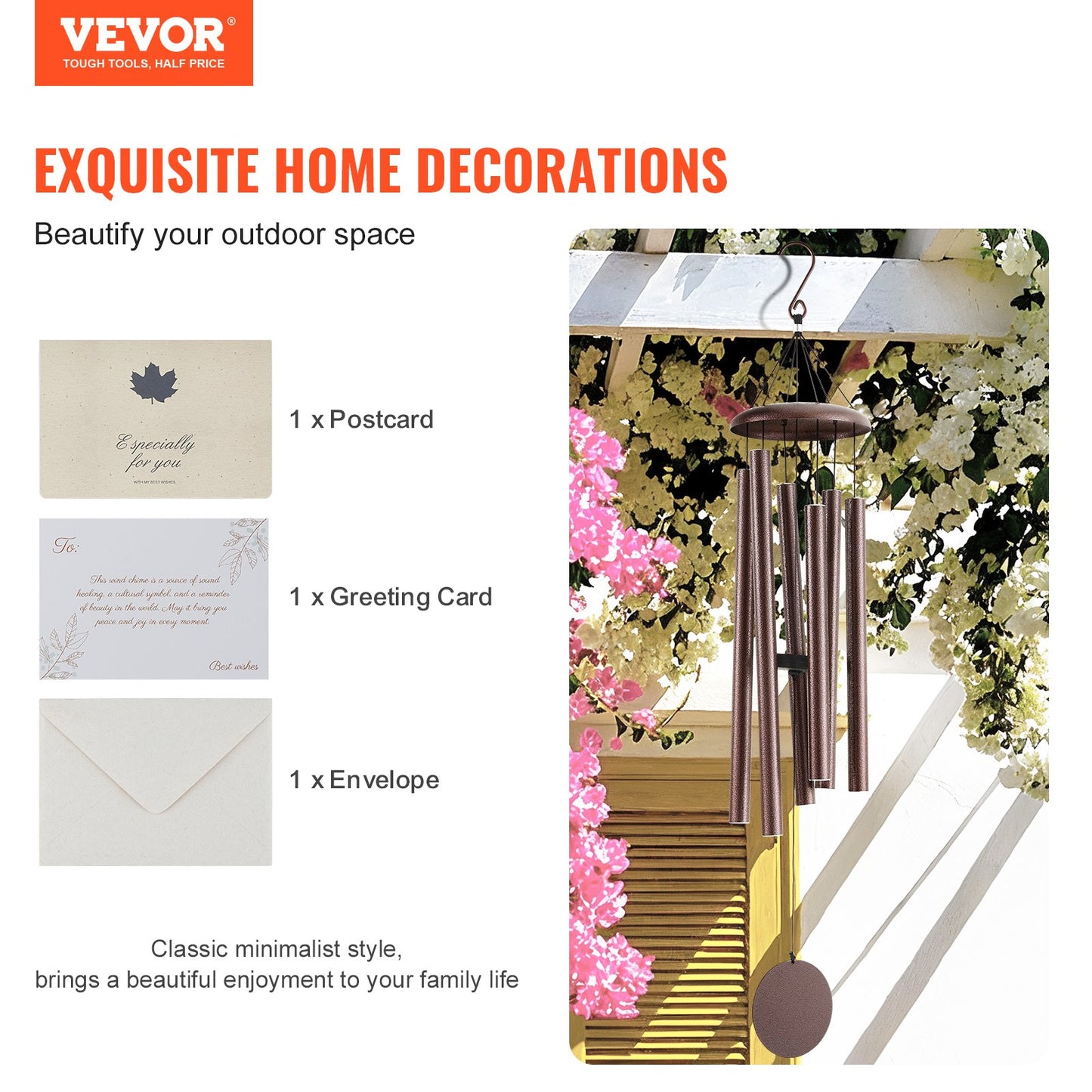 Wind Chimes for Outside, 45 in, Deep Tone Wind Chimes with 6 Tubes, Unique Large Memorial Wind Chimes for Anniversary, Amazing Outdoor Decor for Your Patio, Porch, Garden and Backyard, Bronze