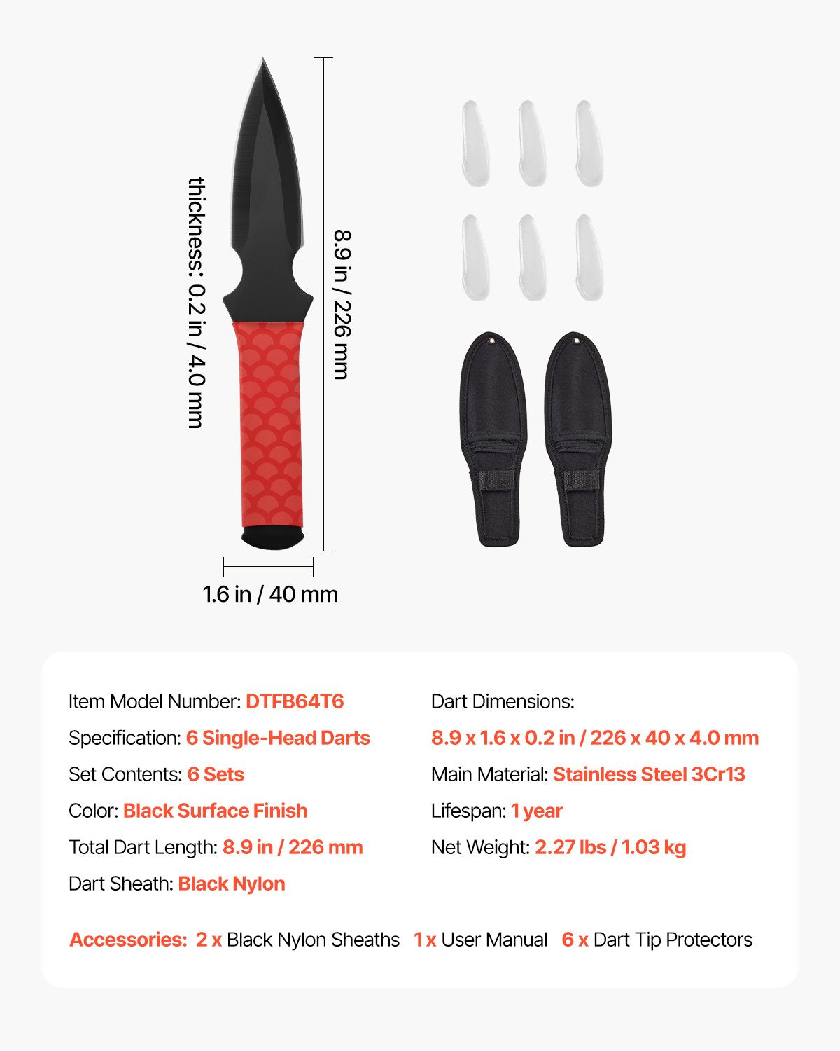 Throwing Knives Set, 6 Pack, 8.9 inch Stainless Steel Well-balanced Knives with Protective Black Nylon Sheath, Ideal Companion for Throwing Products Axes, Sturdy for Recreation and Competition