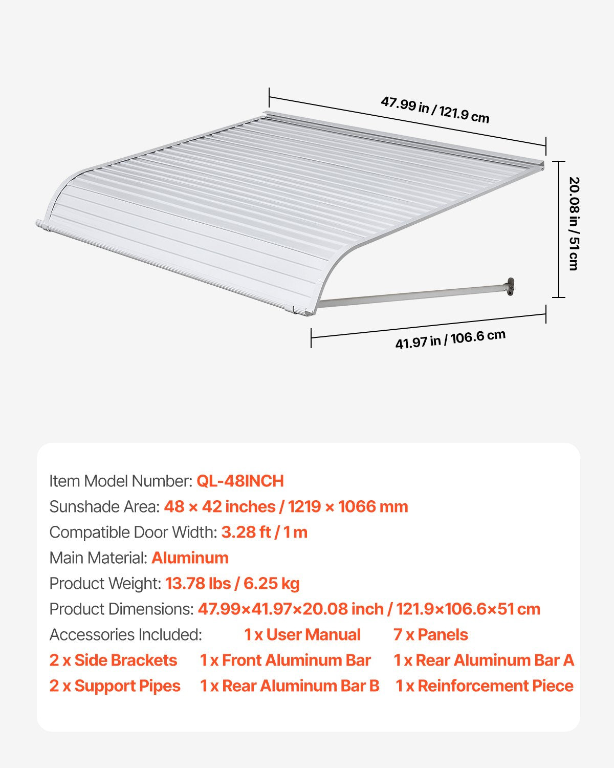 Aluminum Awning 48 x 42 in, Durable Window Awning Door Canopy, Lightweight and Stable Aluminum Exterior Awnings Rain Snow Sunlight Protection for Door Entrance Windows Patio Porch
