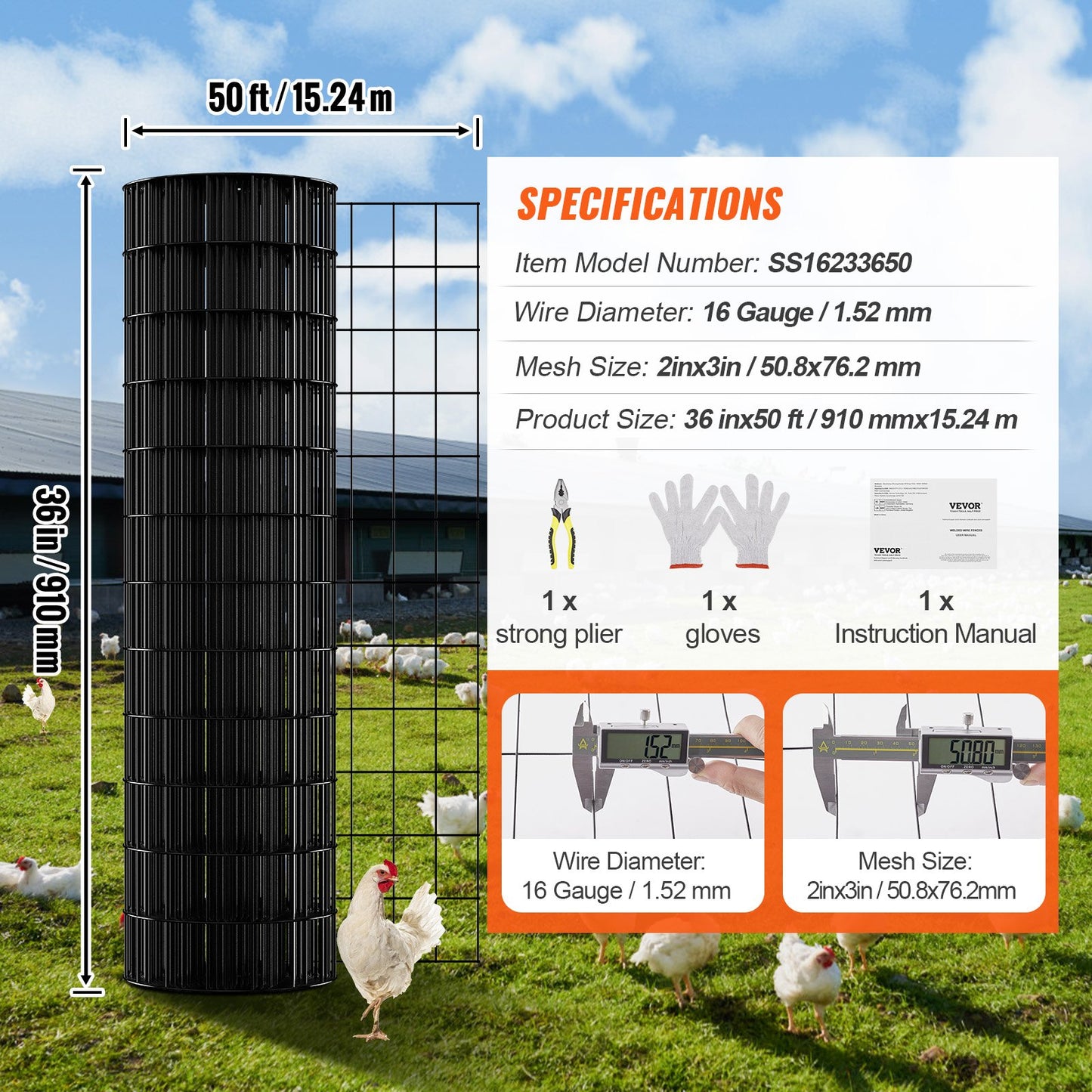 Hardware Cloth, 36'' x 50' Galvanized Wire Mesh Roll, 16 Gauge Chicken Wire Fence Roll, Vinyl Coating Metal Wire Mesh for Chicken Coop Barrier, Rabbit Snake Fences, Poultry Enclosures