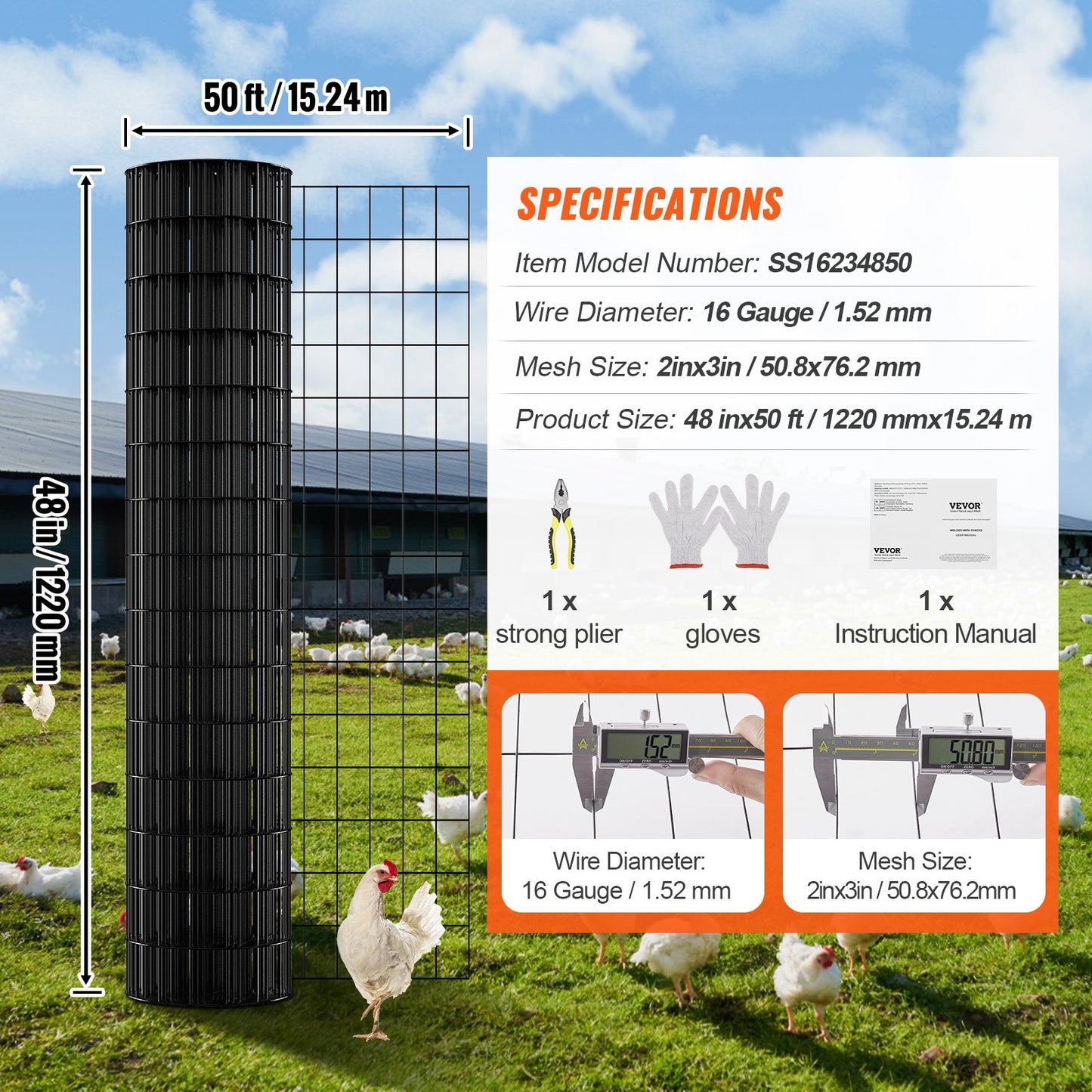 Hardware Cloth, 48'' x 50' Galvanized Wire Mesh Roll, 16 Gauge Chicken Wire Fence Roll, Vinyl Coating Metal Wire Mesh for Chicken Coop Barrier, Rabbit Snake Fences, Poultry Enclosures