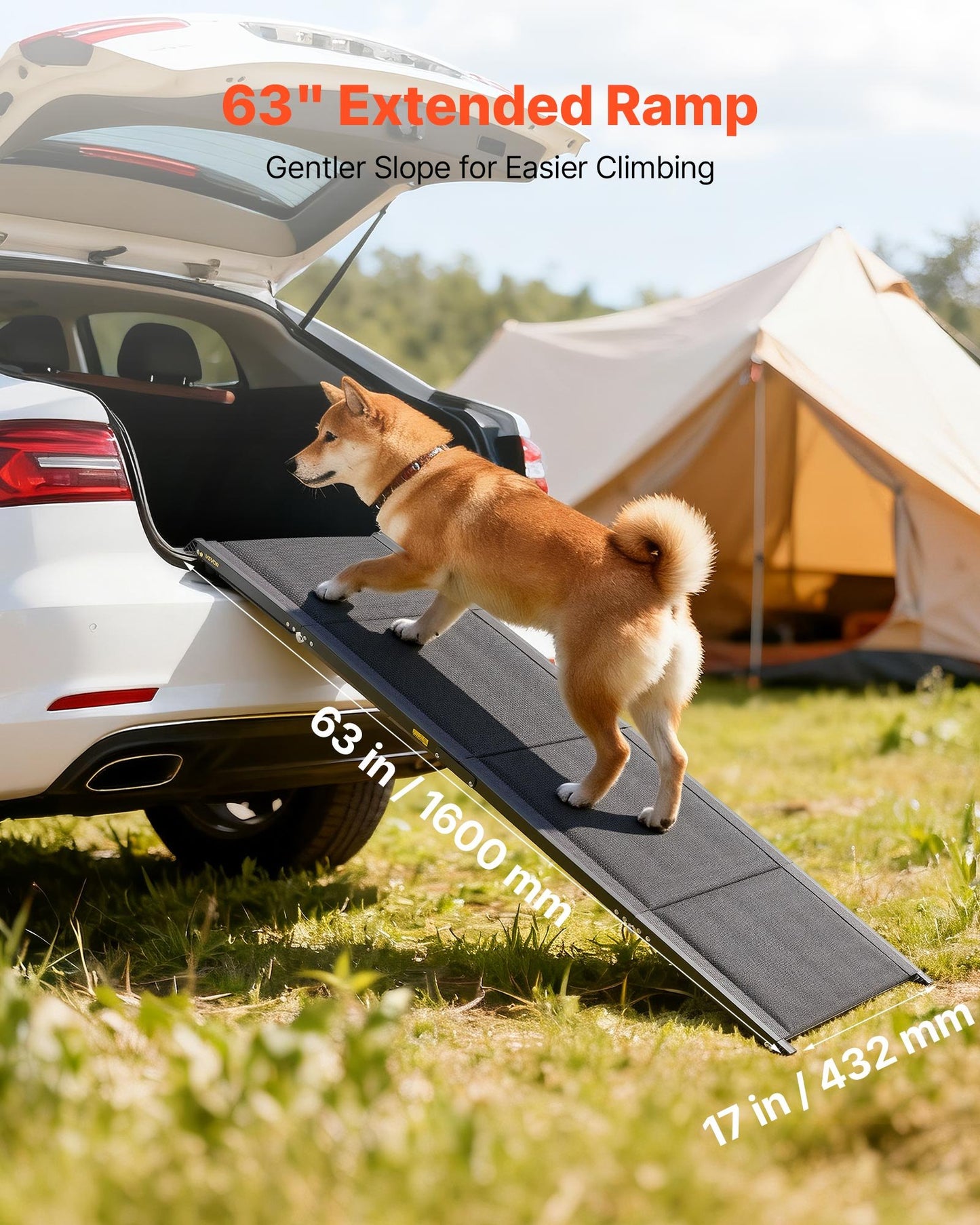 Dog Ramp for Cars, 63" L x 17" W, Folding Pet Ramps for Medium & Large Dogs up to 250lbs, Pet Stair Ramp with Non-Slip Oxford Fabric Surface, Portable Outdoor Dog Car Ramps for SUV & Truck