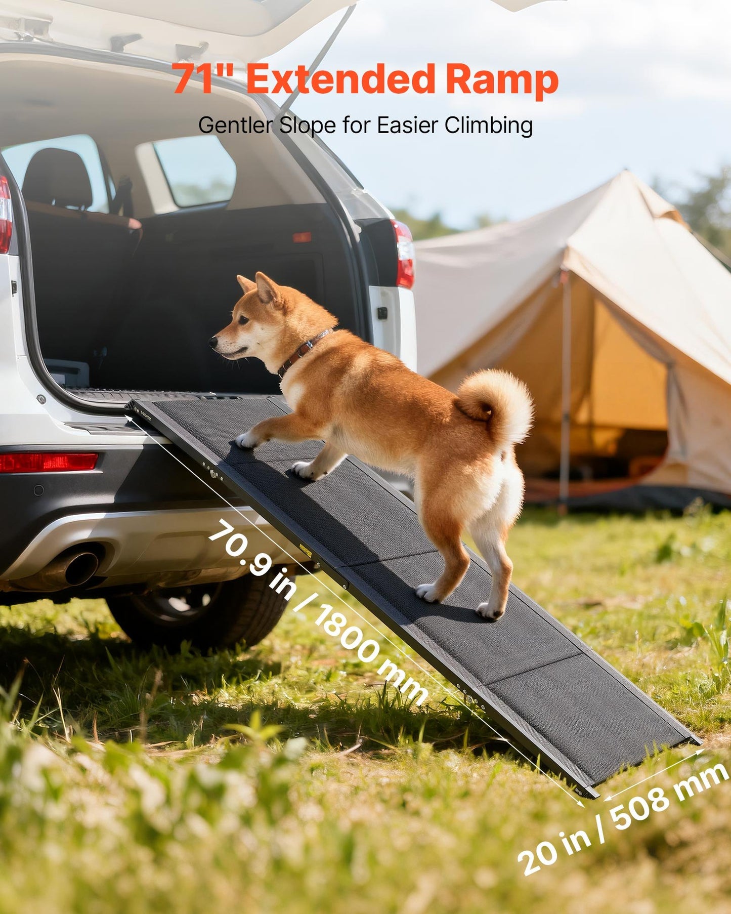 Dog Ramp for Cars, 71" L x 20" W, Folding Pet Ramps for Medium & Large Dogs up to 250lbs, Pet Stair Ramp with Non-Slip Oxford Fabric Surface, Portable Outdoor Dog Car Ramps for SUV & Truck