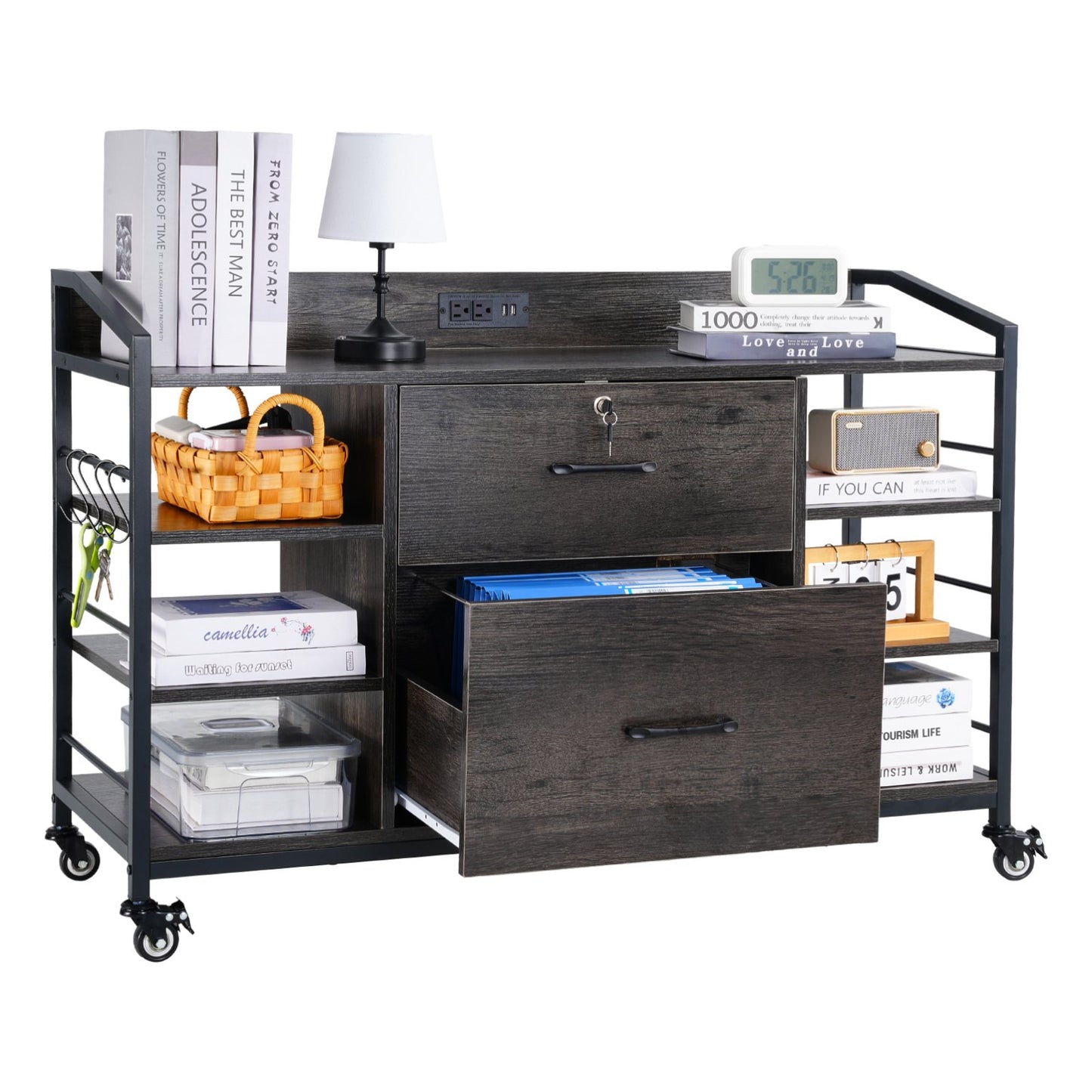 2 Drawers Metal File Cabinet, Lateral Filing Cabinet with Lock and 6 Open Shelves, Wooden Wide Filing Storage Cabinets with Power Strip for Letter, A4, Legal Size File, Easy Assembly, Gray