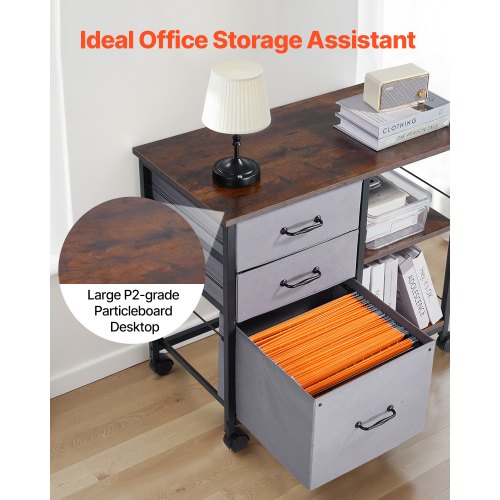 Mobiler Metall-Aktenschrank mit 3 Stoffschubladen und 2 offenen Regalen, braun