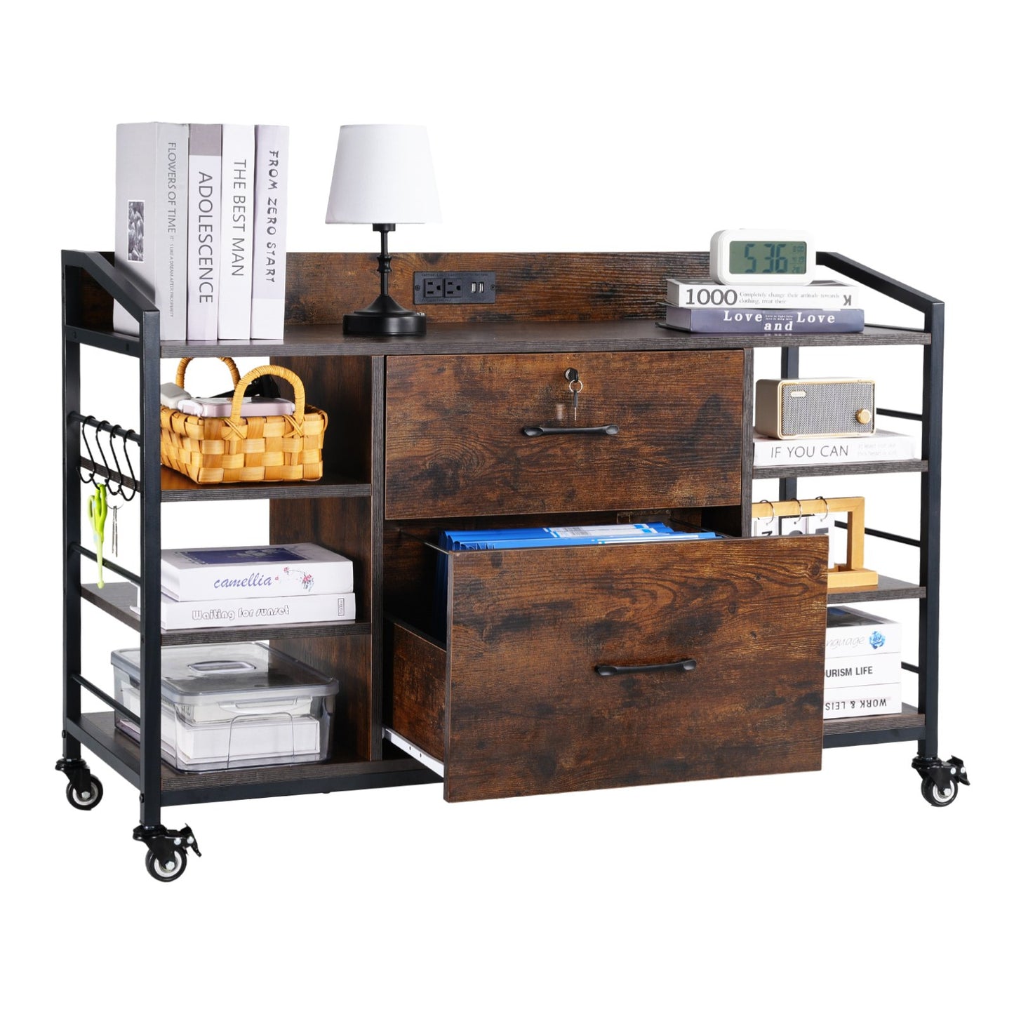 2 Drawers Metal File Cabinet, Lateral Filing Cabinet with Lock and 6 Open Shelves, Wooden Wide Filing Storage Cabinets with Power Strip for Letter, A4, Legal Size File, Easy Assembly, Brown