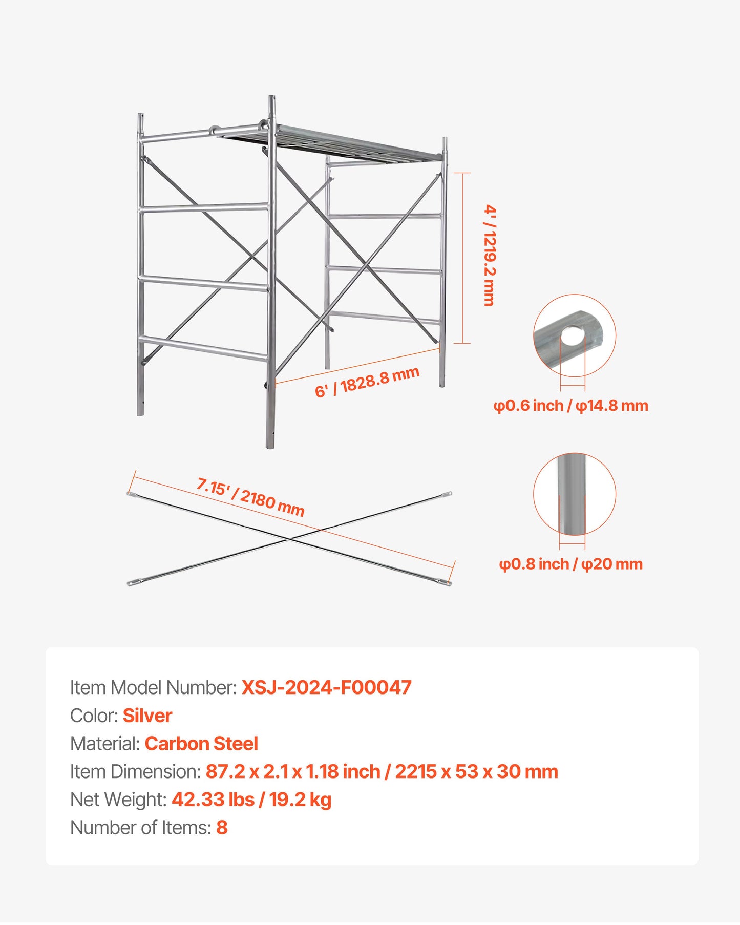 Scaffolding Cross Brace 6x4 ft, 8-Pack Solid Carbon Steel Scaffold Cross Supports, X-Shaped Scaffolding Safety Accessory with Rust- & Corrosion-Proof Galvanized Surface (Only Cross Braces Sold)