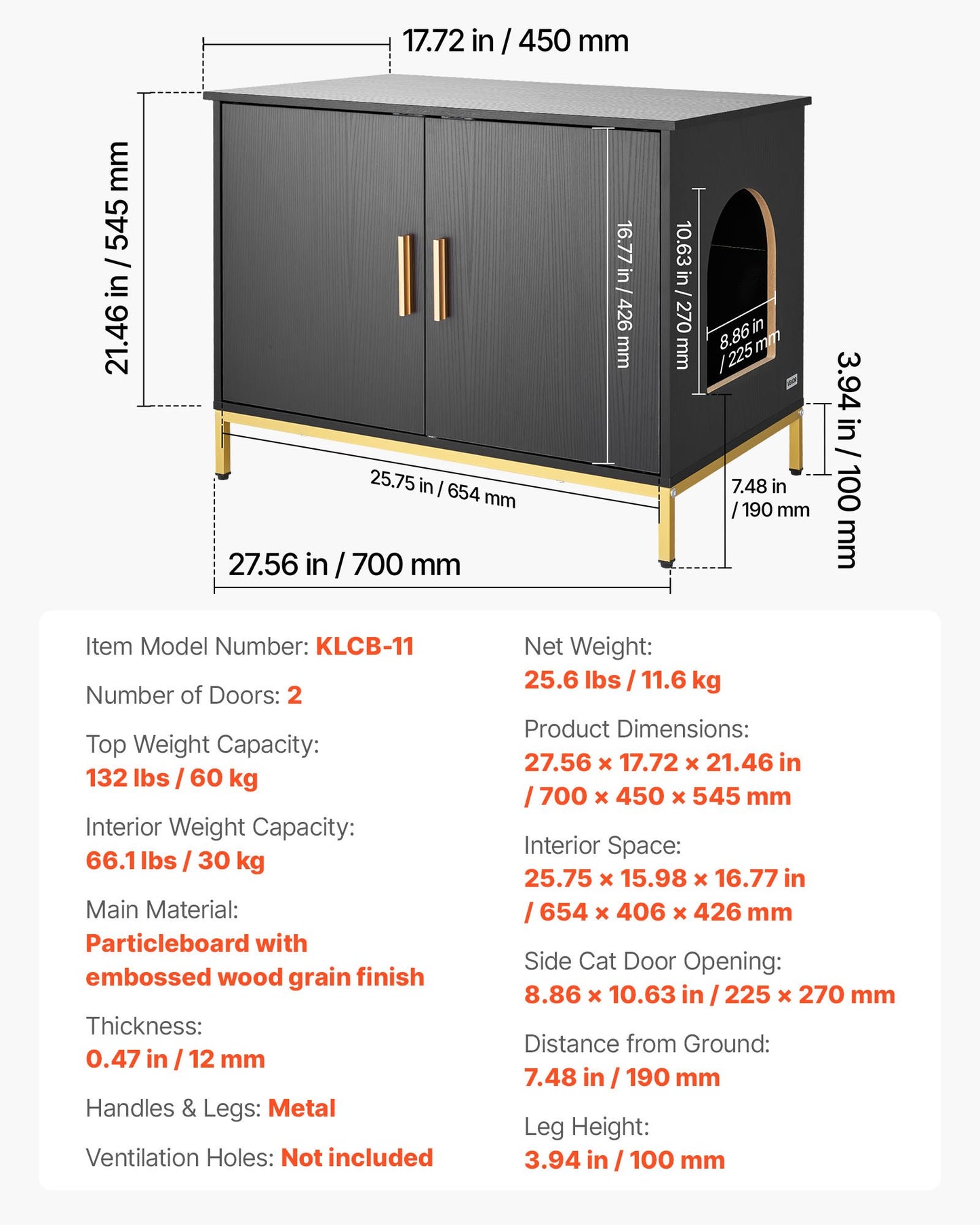 Cat Litter Box Enclosure Furniture, 27.6 in Hidden Litter Box Cabinet with Metal Legs & Handle, Modern Style Cat Washroom House End Table, Fit Most of Litterbox, for Bedroom Living Room