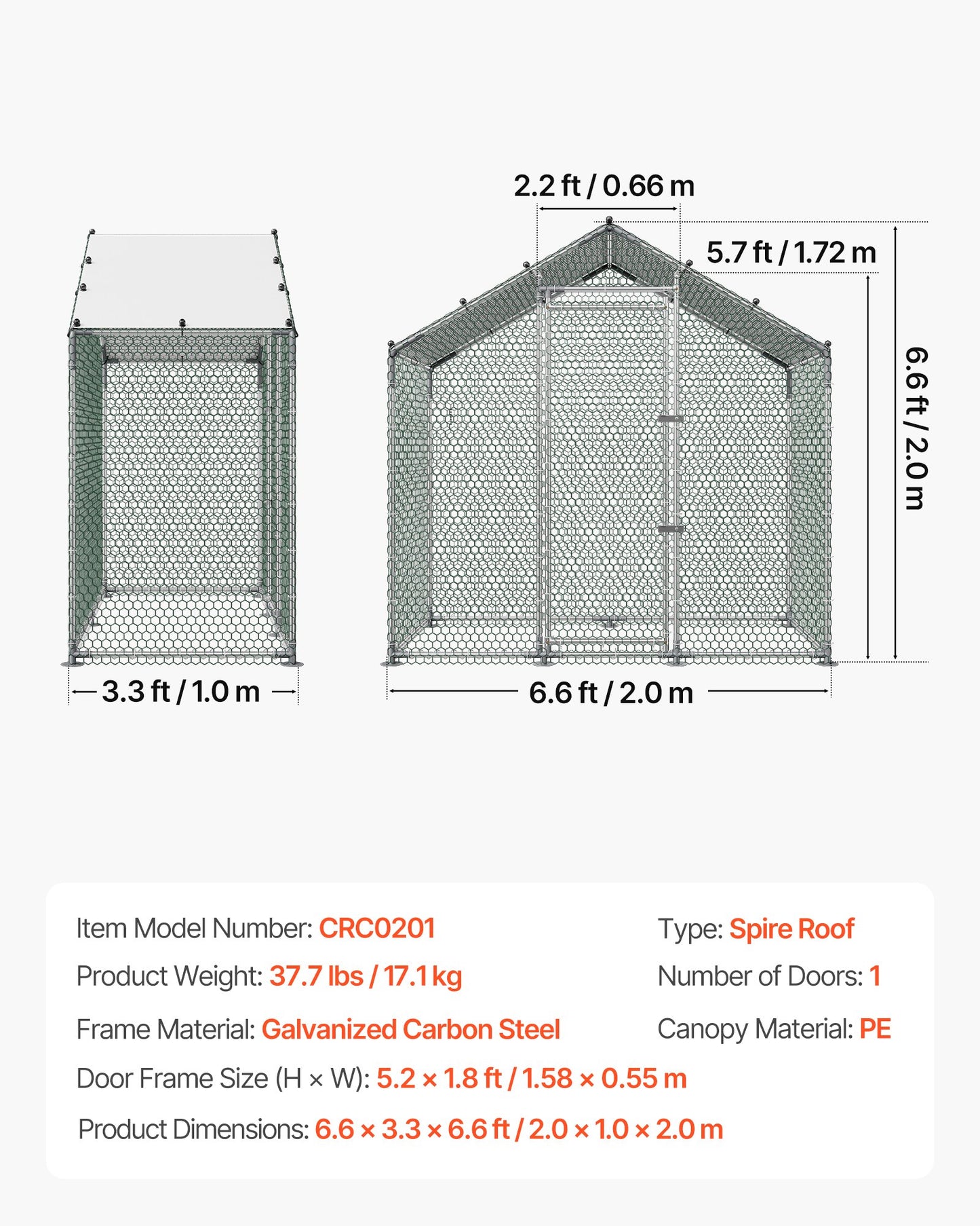 Large Metal Chicken Coop,6.6 x 3.3 x 6.6 ft, Walk-in Chicken Run House with Waterproof Cover & Sturdy Frame, Spire Roof Poultry Cage Duck Pen for Rabbit Hen Goose Outdoor Backyard Farm Use