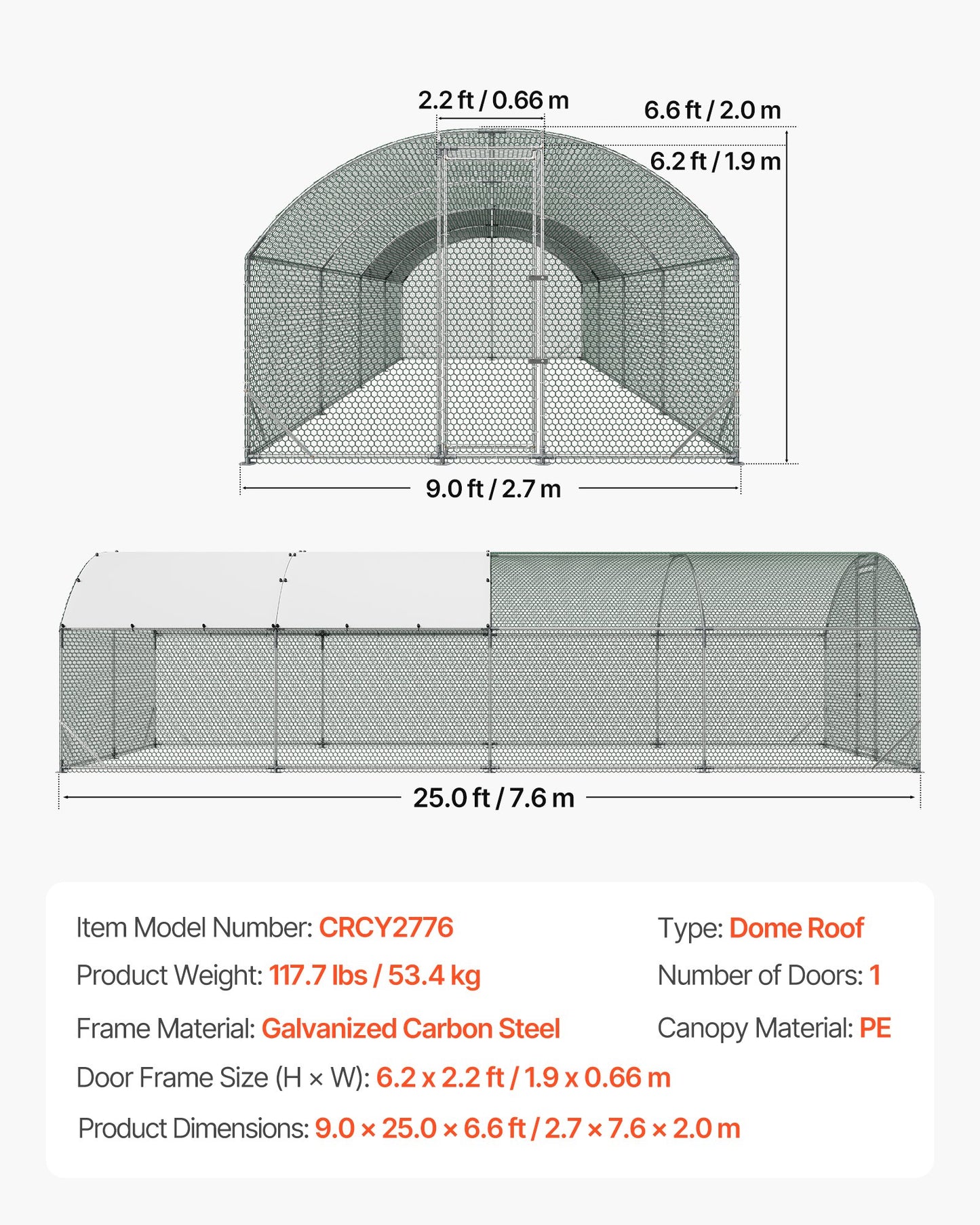 Large Metal Chicken Coop, 9 x 25 x 6.6 ft, Walk-in Chicken Run House with Waterproof Cover & Sturdy Frame, Dome Roof Poultry Cage Duck Pen for Rabbit Hen Goose Outdoor Backyard Farm Use