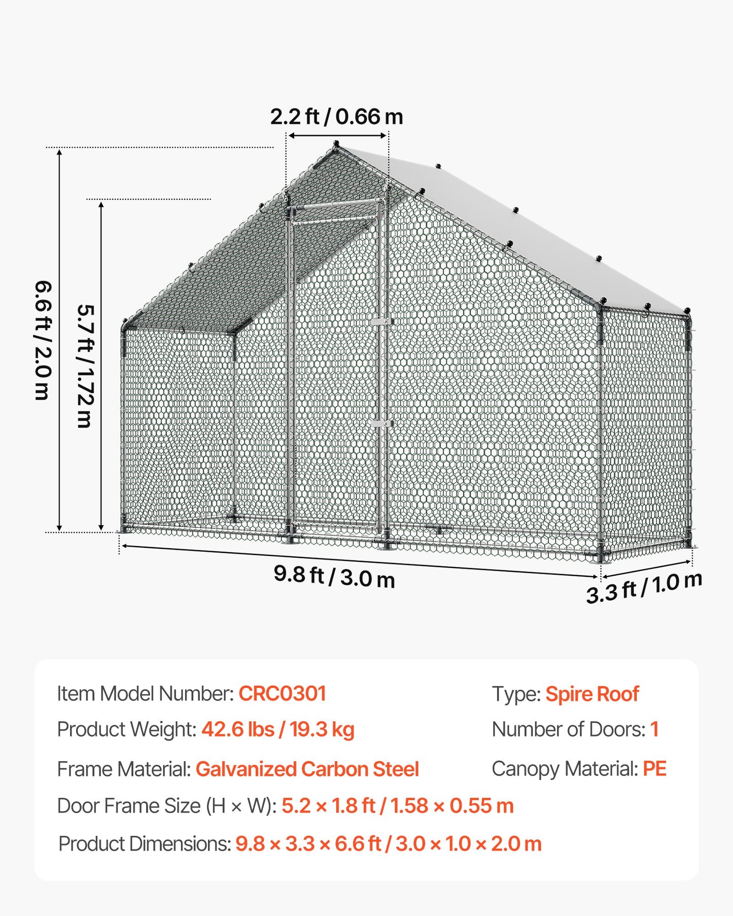 Large Metal Chicken Coop,9.8 x 3.3 x 6.6 ft, Walk-in Chicken Run House with Waterproof Cover & Sturdy Frame, Spire Roof Poultry Cage Duck Pen for Rabbit Hen Goose Outdoor Backyard Farm Use