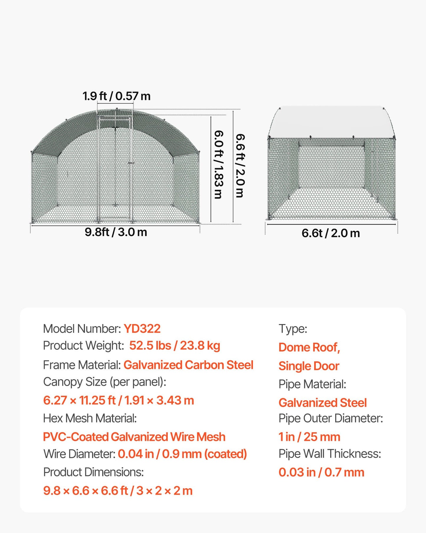 Metal Chicken Coop, 9.8x6.5x6.5ft Large Walk-in Chicken Runs with Cover, Doom Roof Hen House Enclosure with Security Lock, Outdoor Duck Rabbit Cage Poultry Pen for Backyard, Farm, Yard