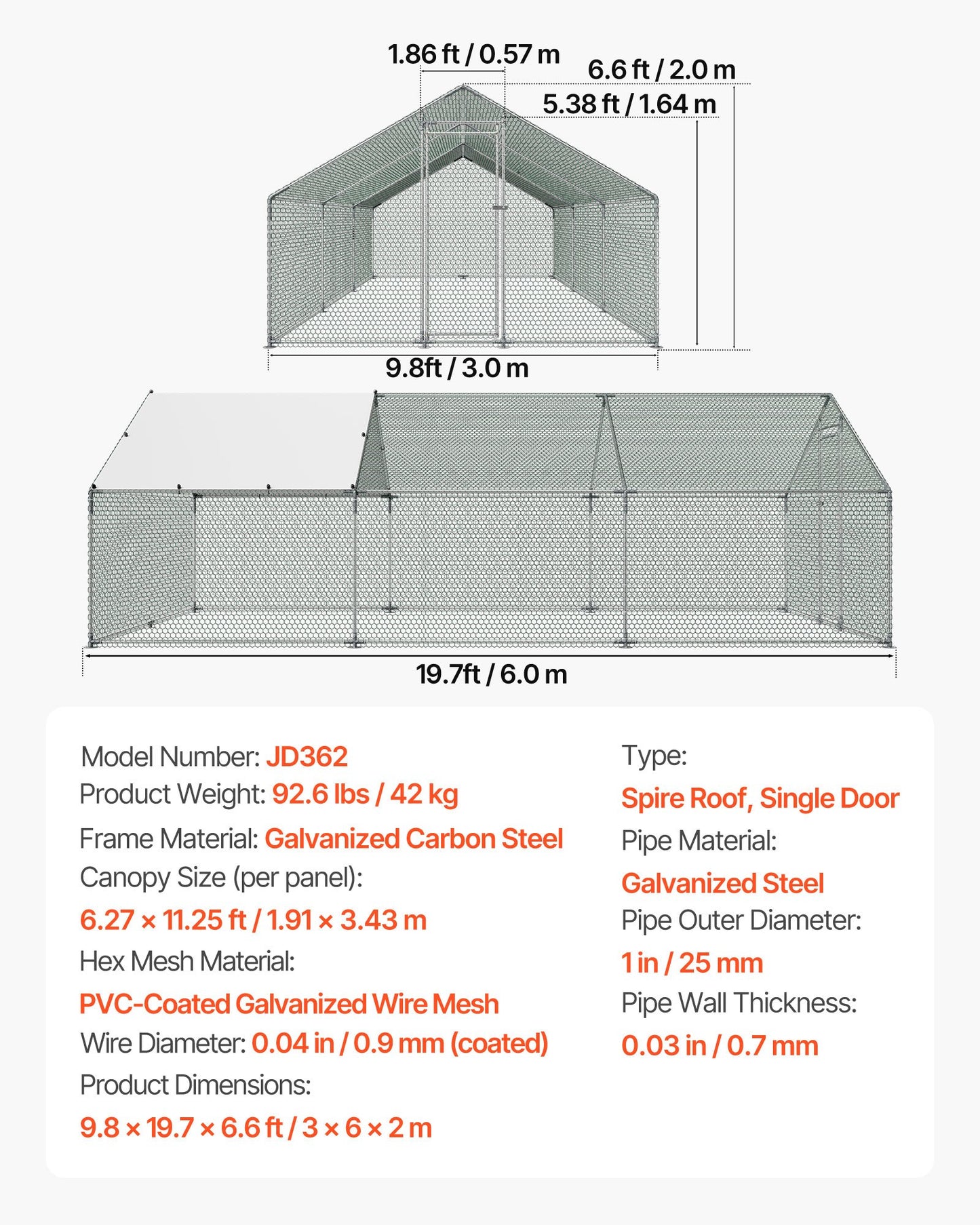 Metal Chicken Coop, 9.8x19.6x6.5 ft Large Walk-in Chicken Runs with Cover, Spire Roof Hen House Enclosure with Security Lock, Outdoor Duck Rabbit Cage Poultry Pen for Backyard, Farm, Yard