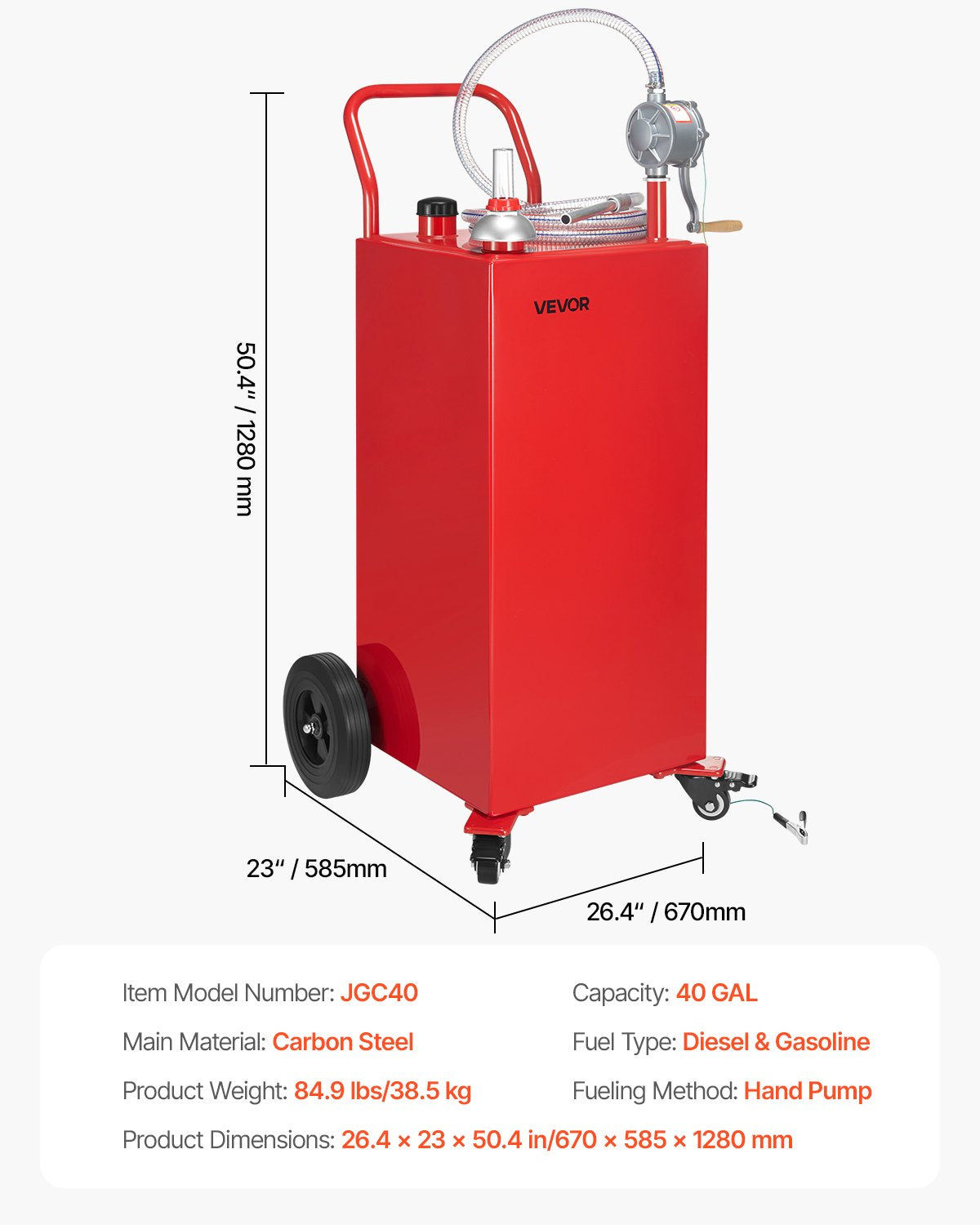 40 Gallon Fuel Caddy, Gasoline & Diesel Fuel Tank with Manual Transfer Pump, Portable Fuel Storage Tank with 4 Wheels & 10 ft Hose, Gas Caddy for Cars, Lawn Mowers, ATVs, Boats, More, Red
