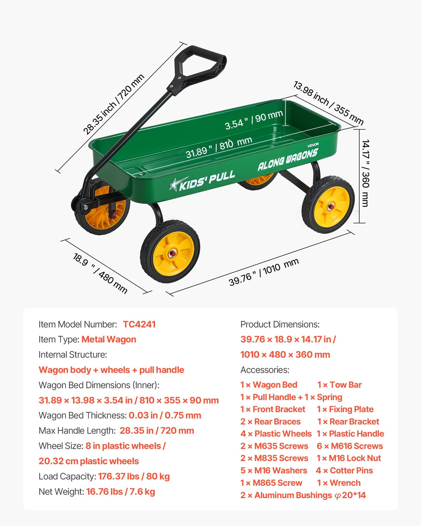 Pull-Along Wagon for Kids, 39 inch Toddler Wagons, Supports up to 176 lbs, All-Terrain Wagons with Handle, Utility Wagon Cart Birthday Present for Kids Gardening Beach Camping, Green