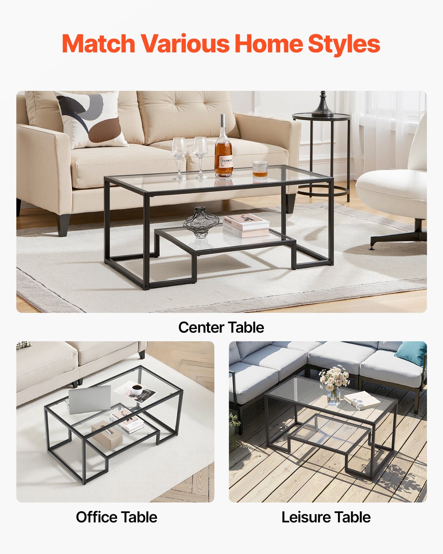 Coffee Table, Modern Tempered Glass Coffee Table, 2 Tiers Rectangle Glass Center Desk with Open Storage, Minimalist Sturdy Metal Frame Accent End Desk for Living Room, Office, Easy Assembly