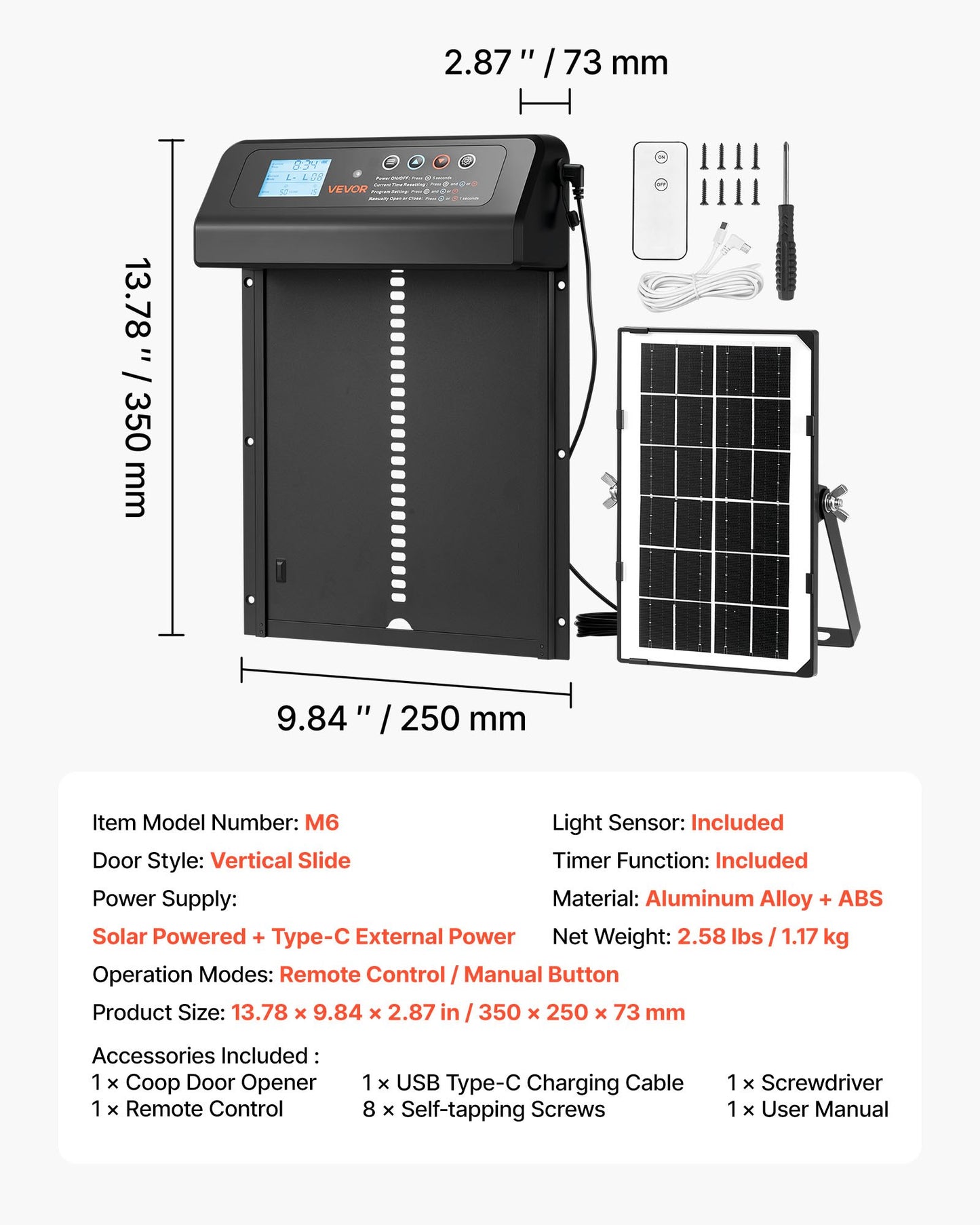 Automatic Chicken Coop Door, Solar & Battery Powered Chicken Door with LCD Display, Remote Control, Light Sensor & Timer, Anti-Pinch Security, Aluminum Alloy Chick Run Gate Opener, Black